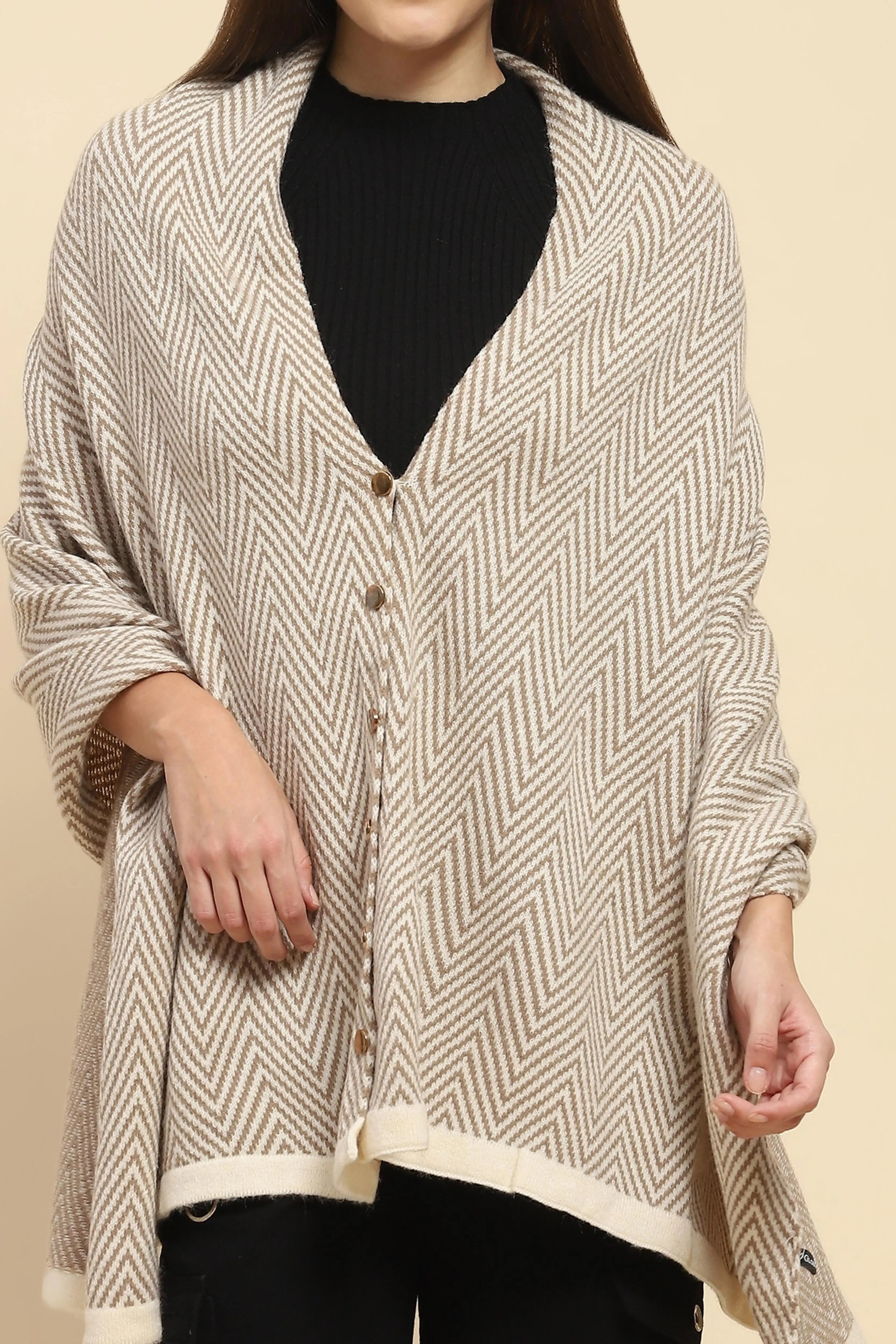 Beige Viscose Knitted Loose Cape/ Shawl - Global Republic