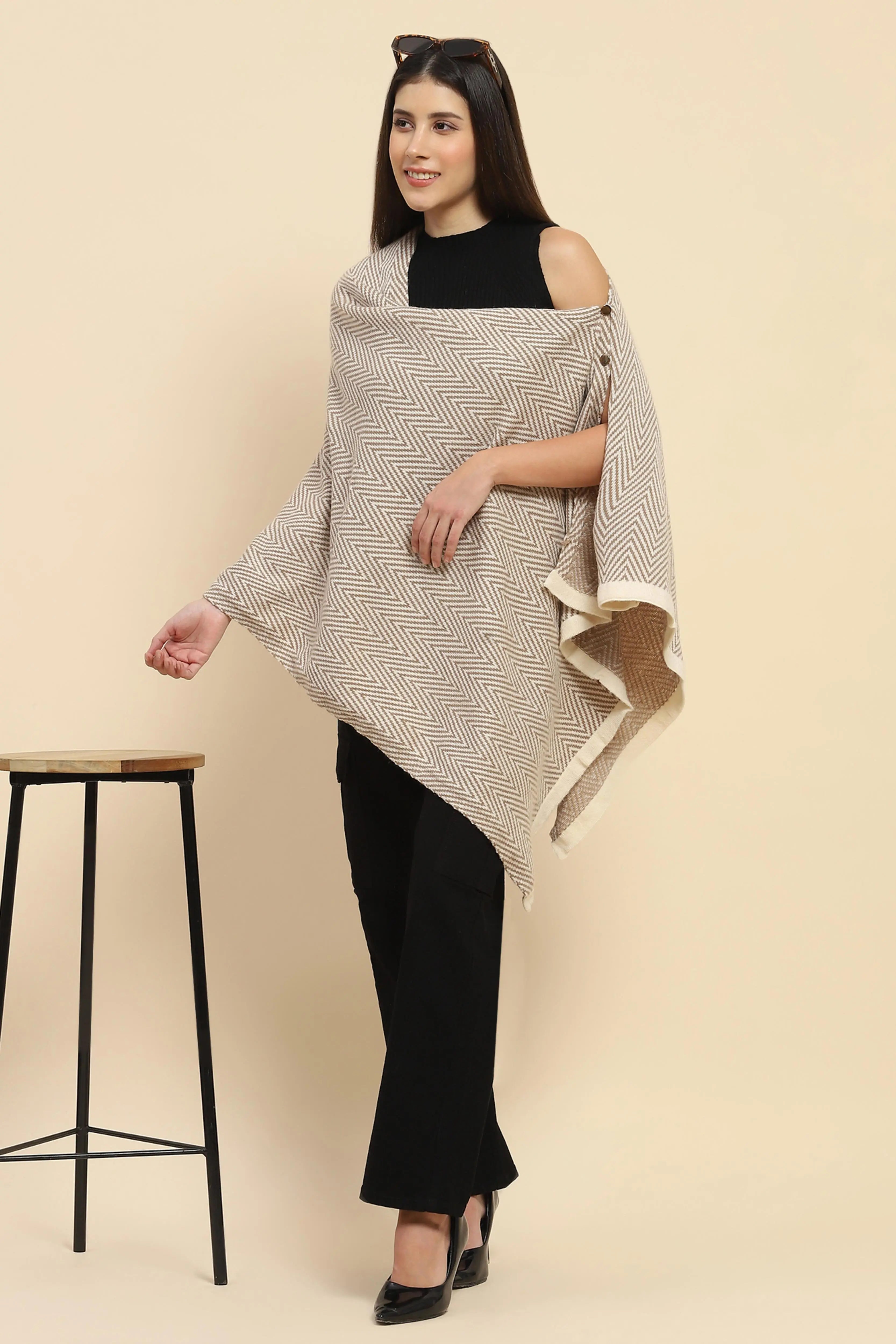 Beige Viscose Knitted Loose Cape/ Shawl - Global Republic