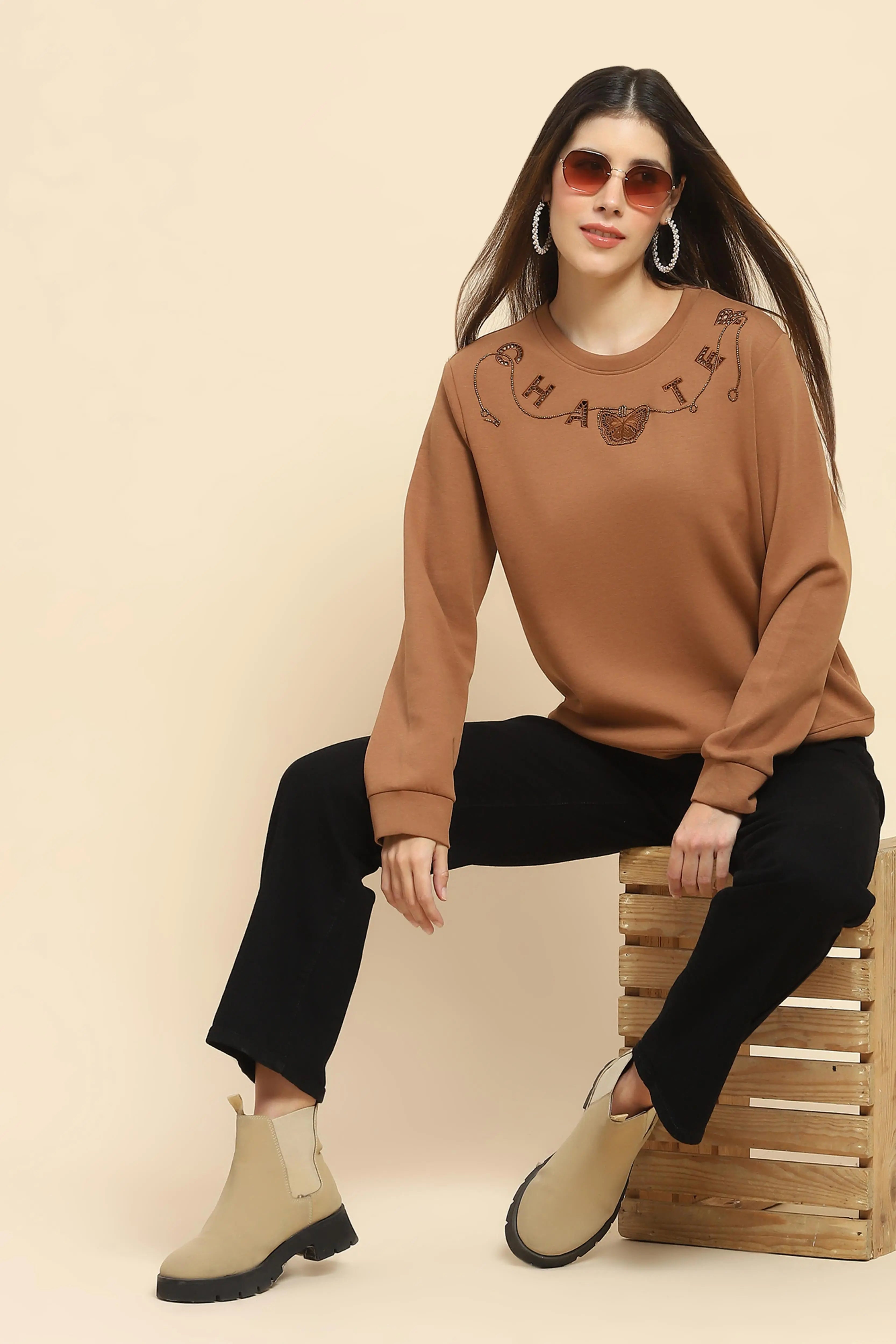 Brown Embellished Sweatshirt - Global Republic