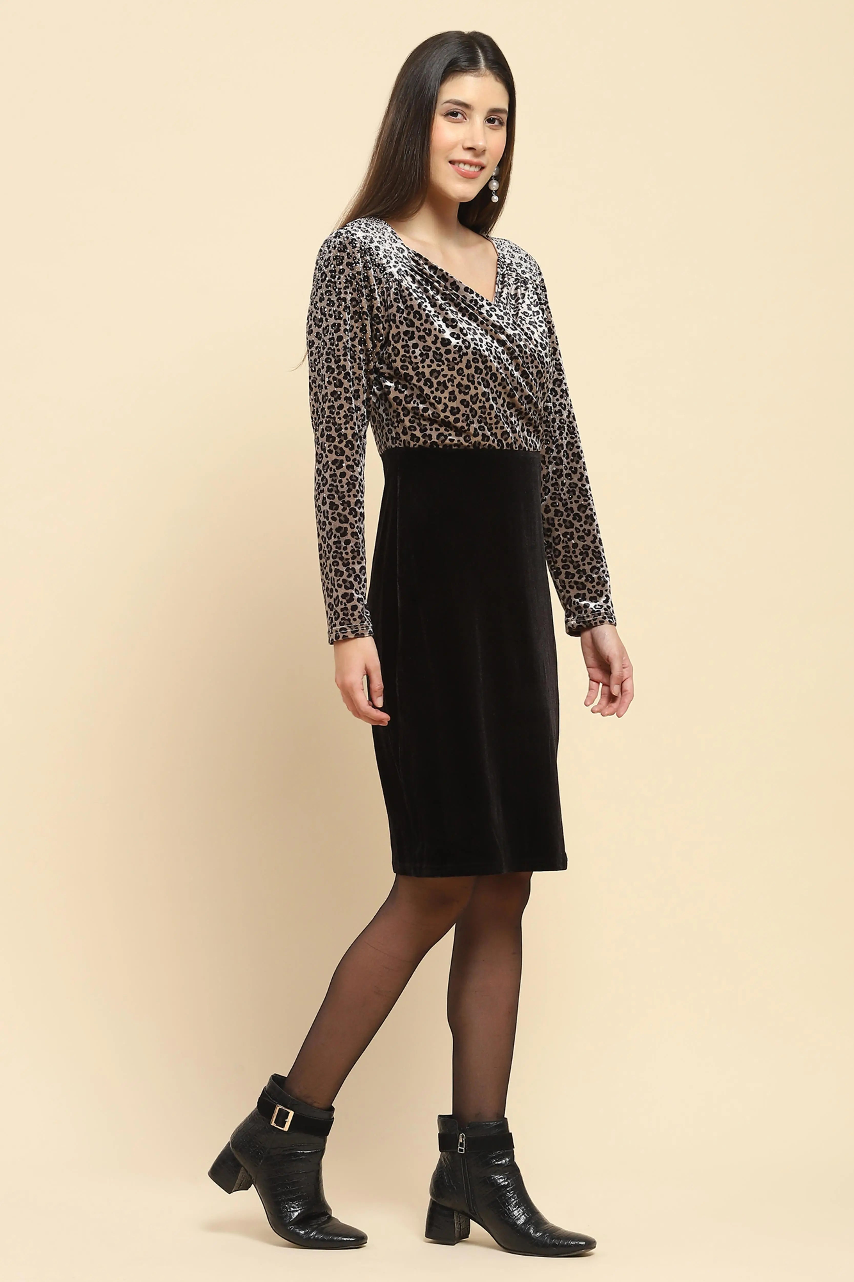 Grey Velvet Leopard Print Slim Fit Dress - Global Republic