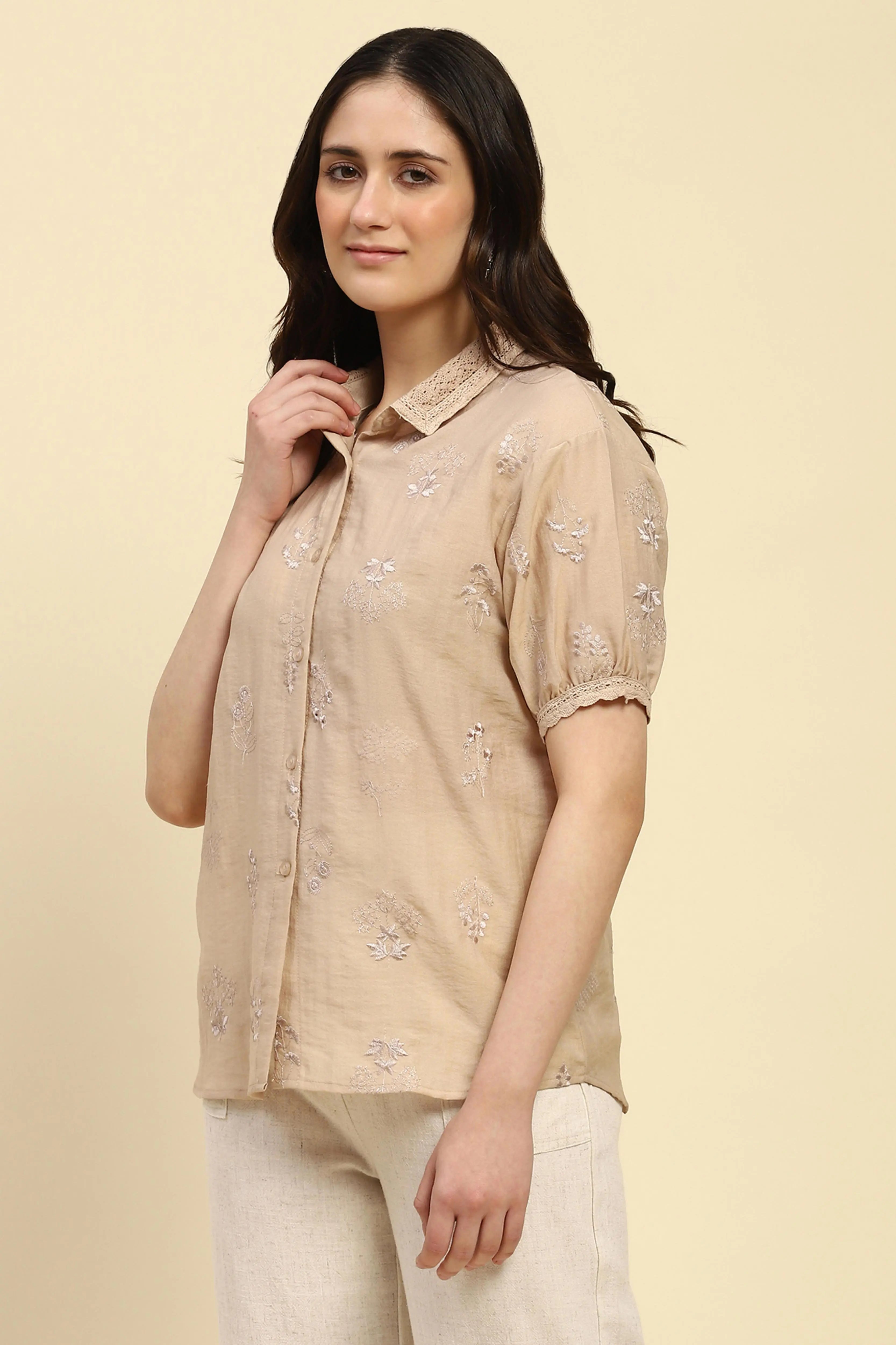 Beige Embroidered Shirt - Global Republic