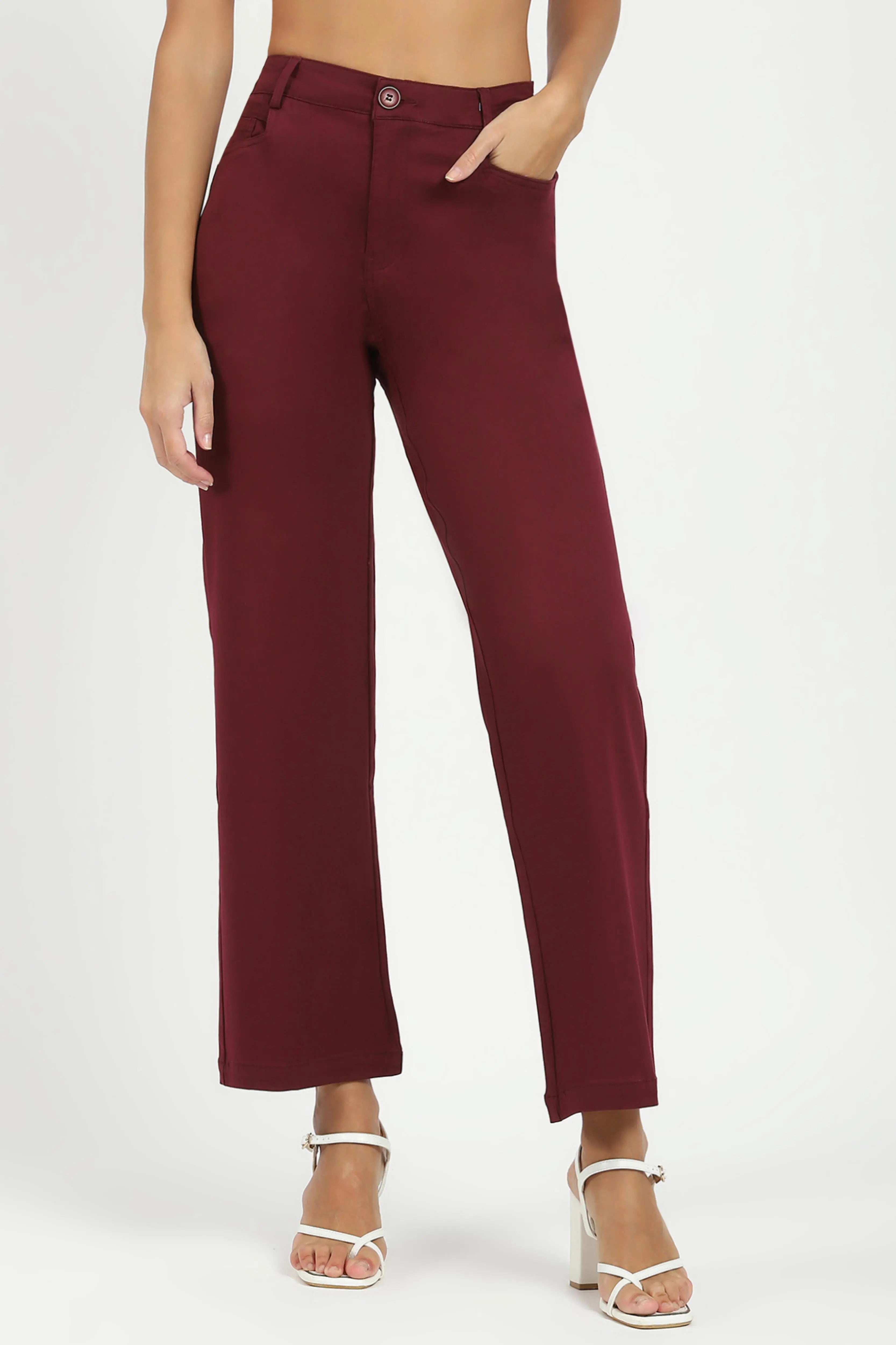 Wine Stretchable Loose Fit Trousers - Global Republic
