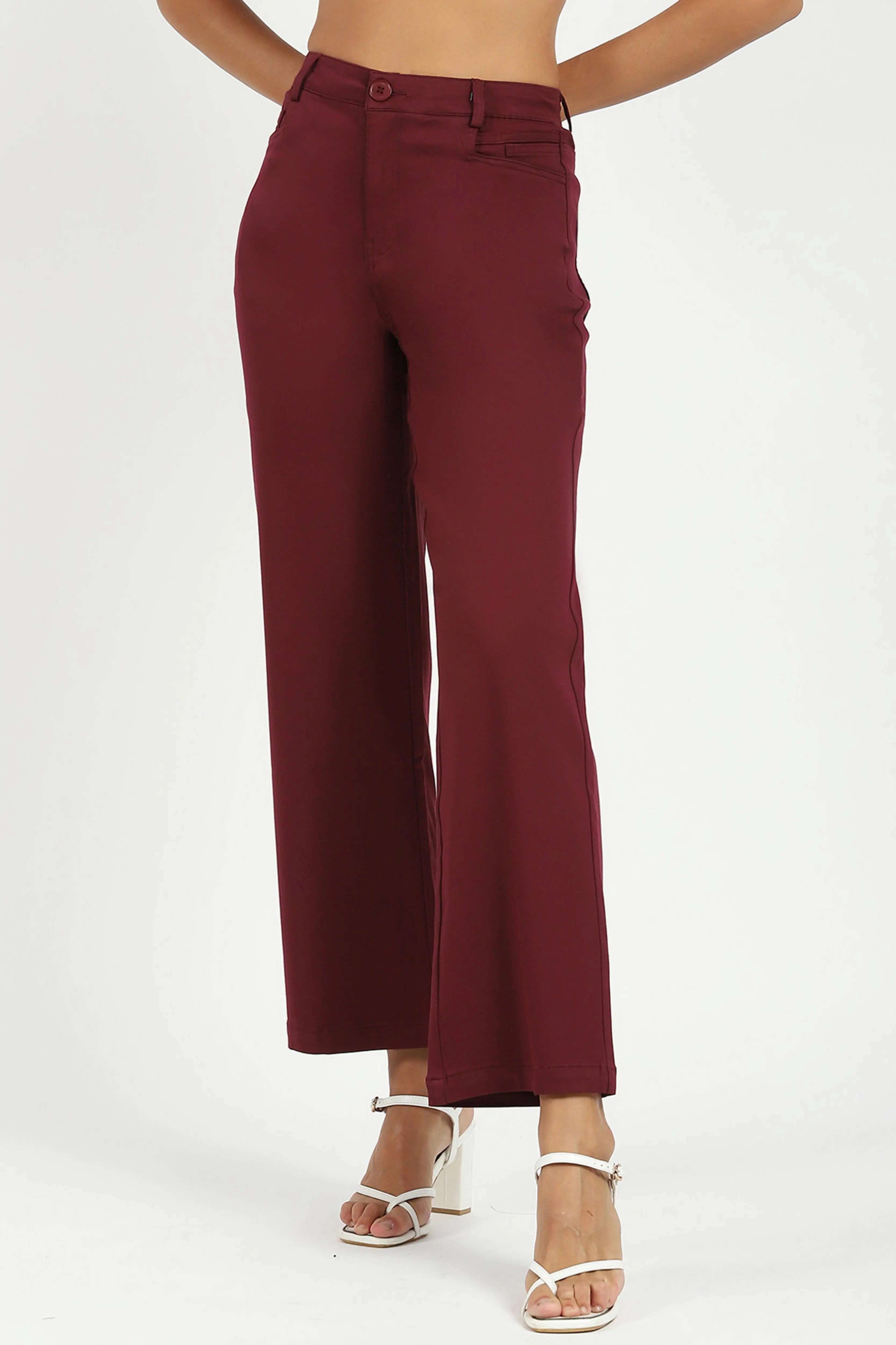 Wine Stretchable Loose Fit Trousers - Global Republic