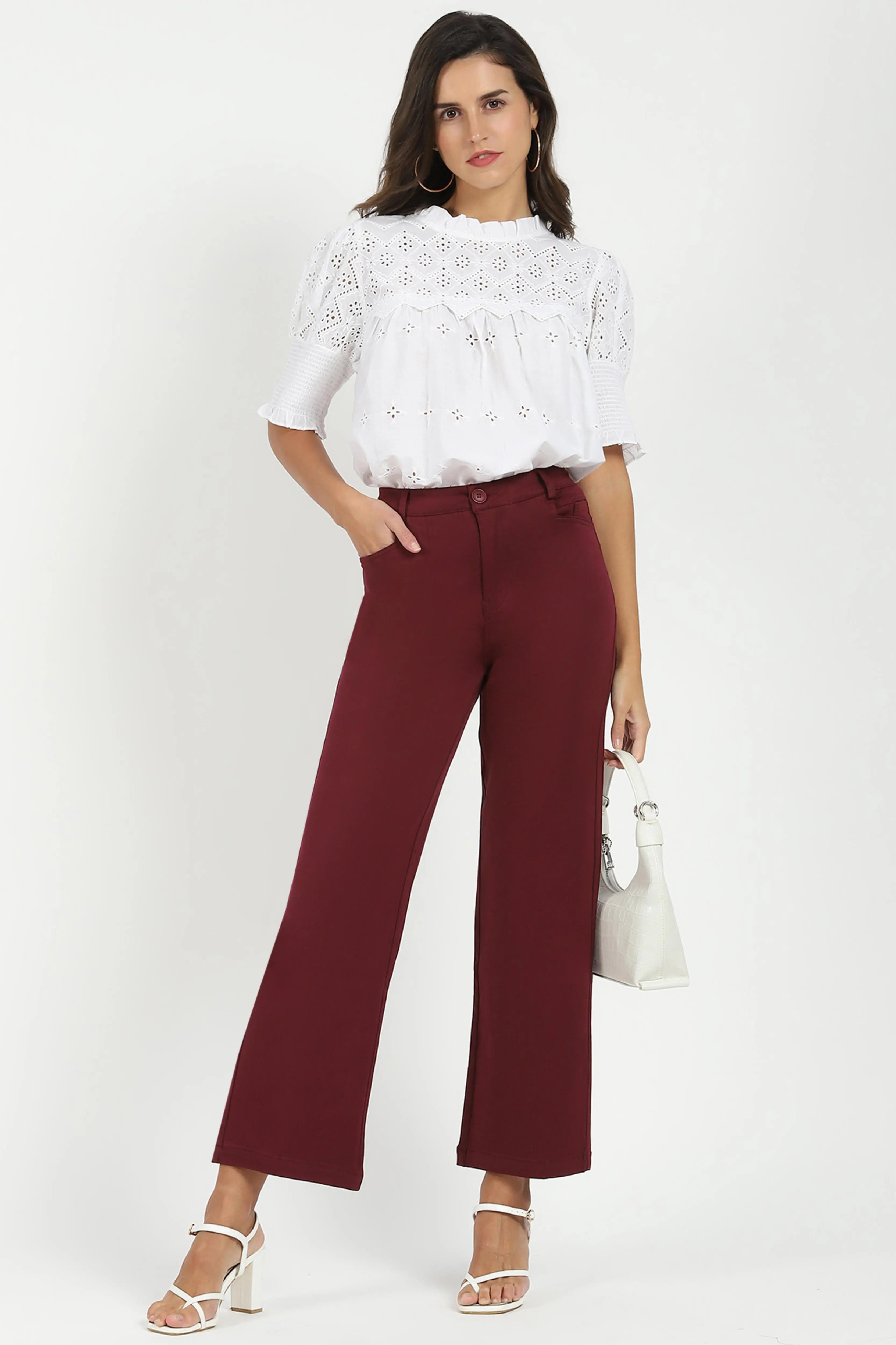 Wine Stretchable Loose Fit Trousers - Global Republic