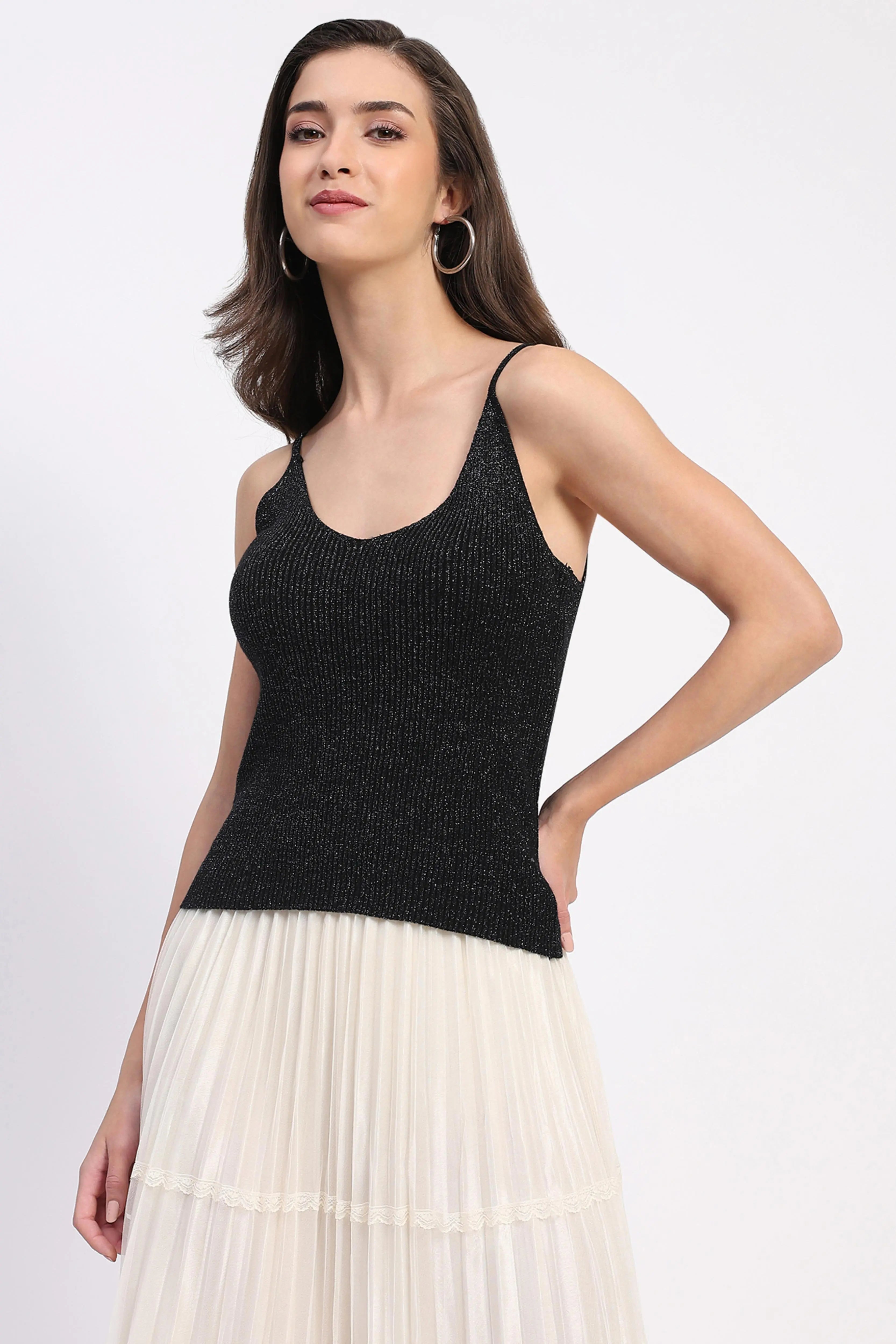 Shimmer Ribbed Two-Way Neck Top - Global Republic