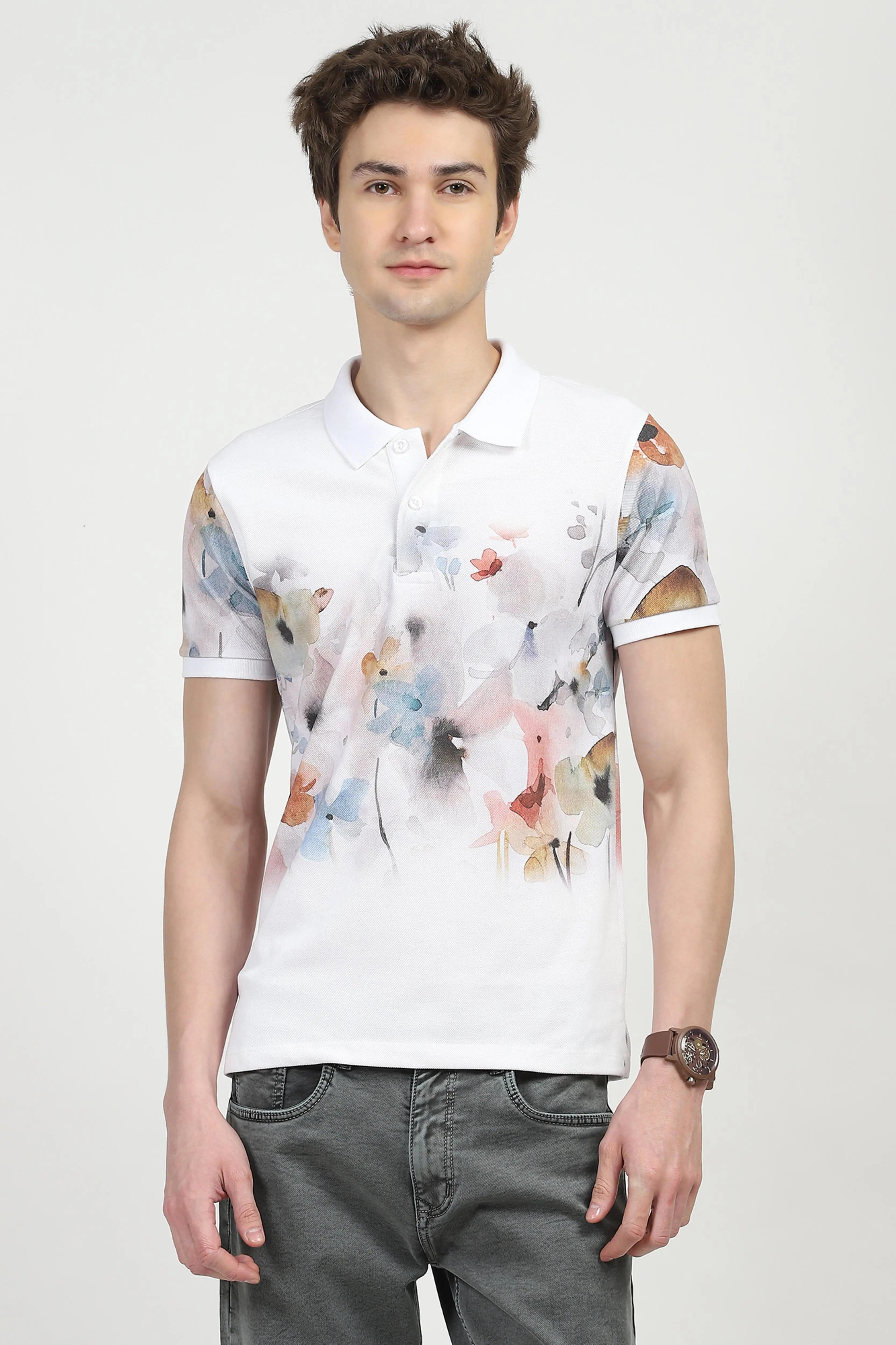 White Floral Print Polo T-Shirt - Global Republic