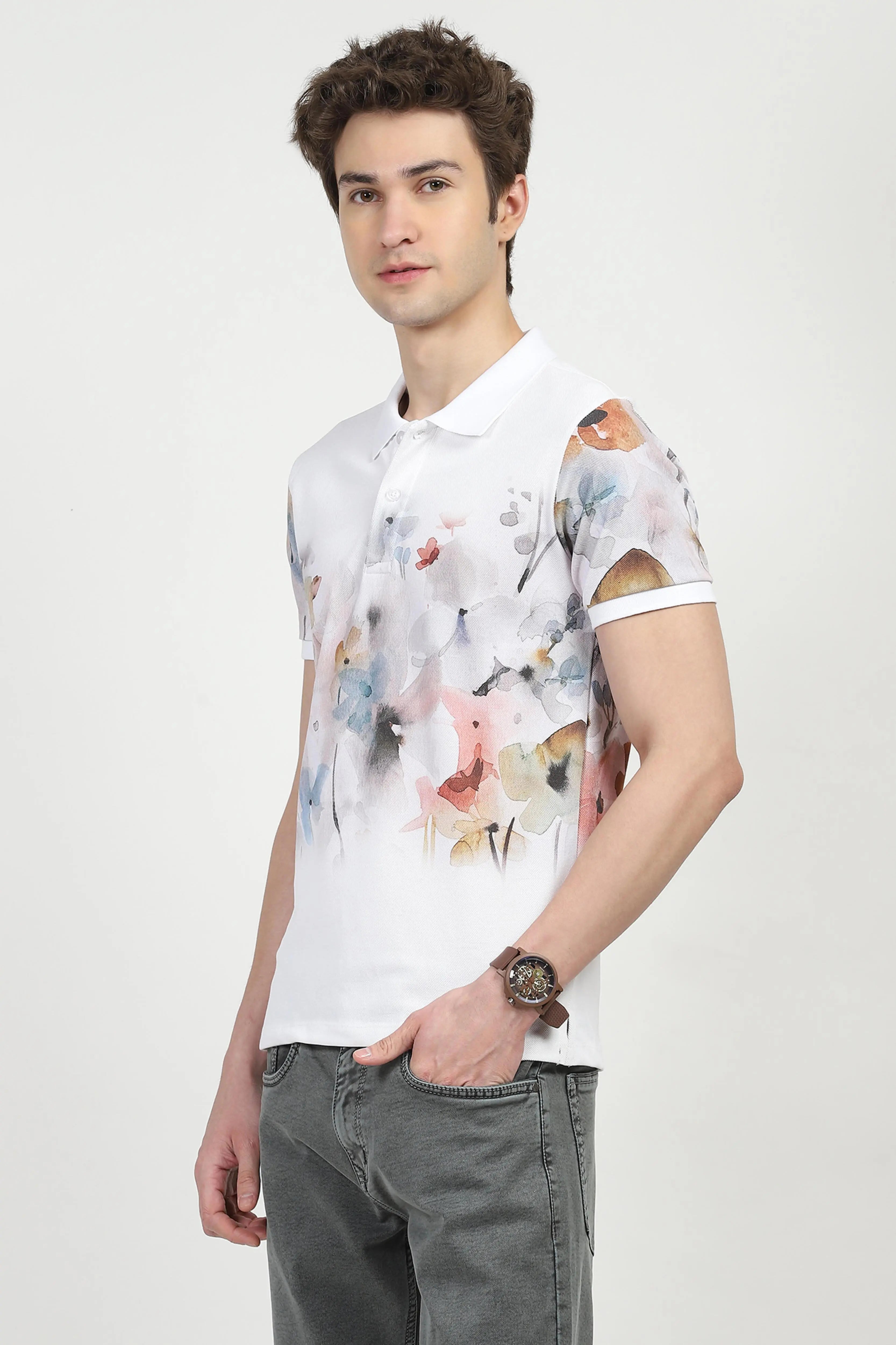 White Floral Print Polo T-Shirt - Global Republic
