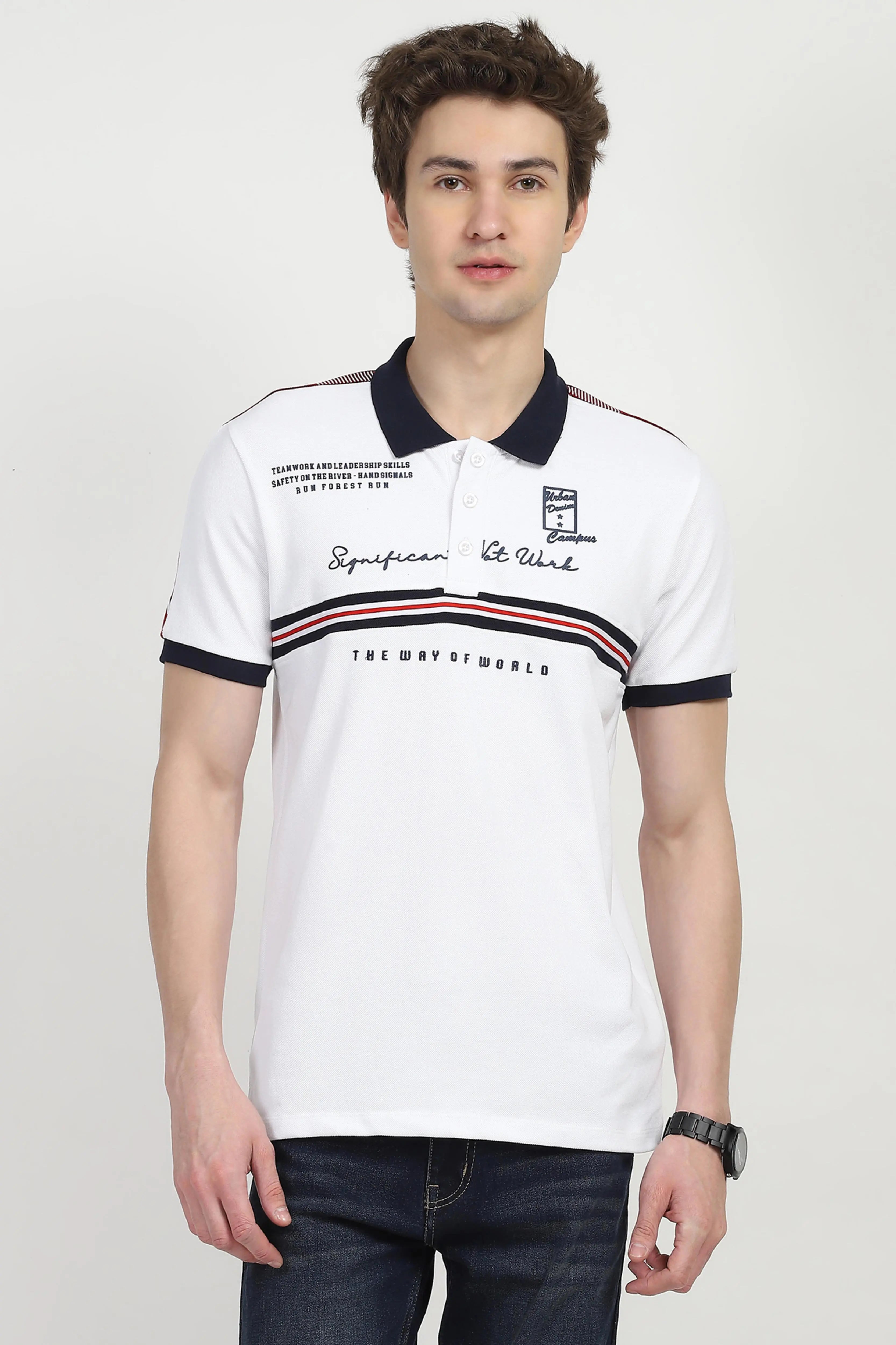 White Typography Cotton Polo T-shirt - Global Republic