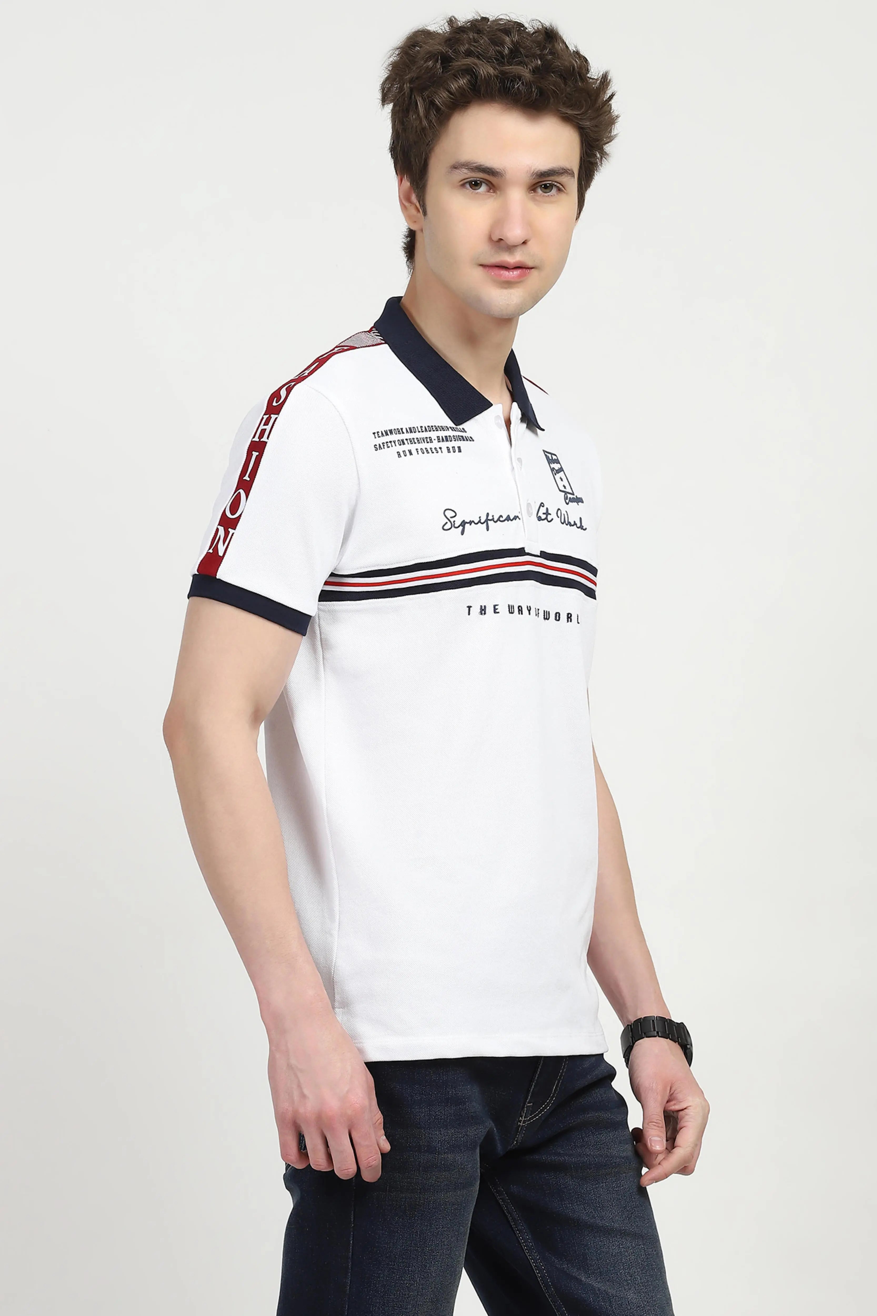 White Typography Cotton Polo T-shirt - Global Republic