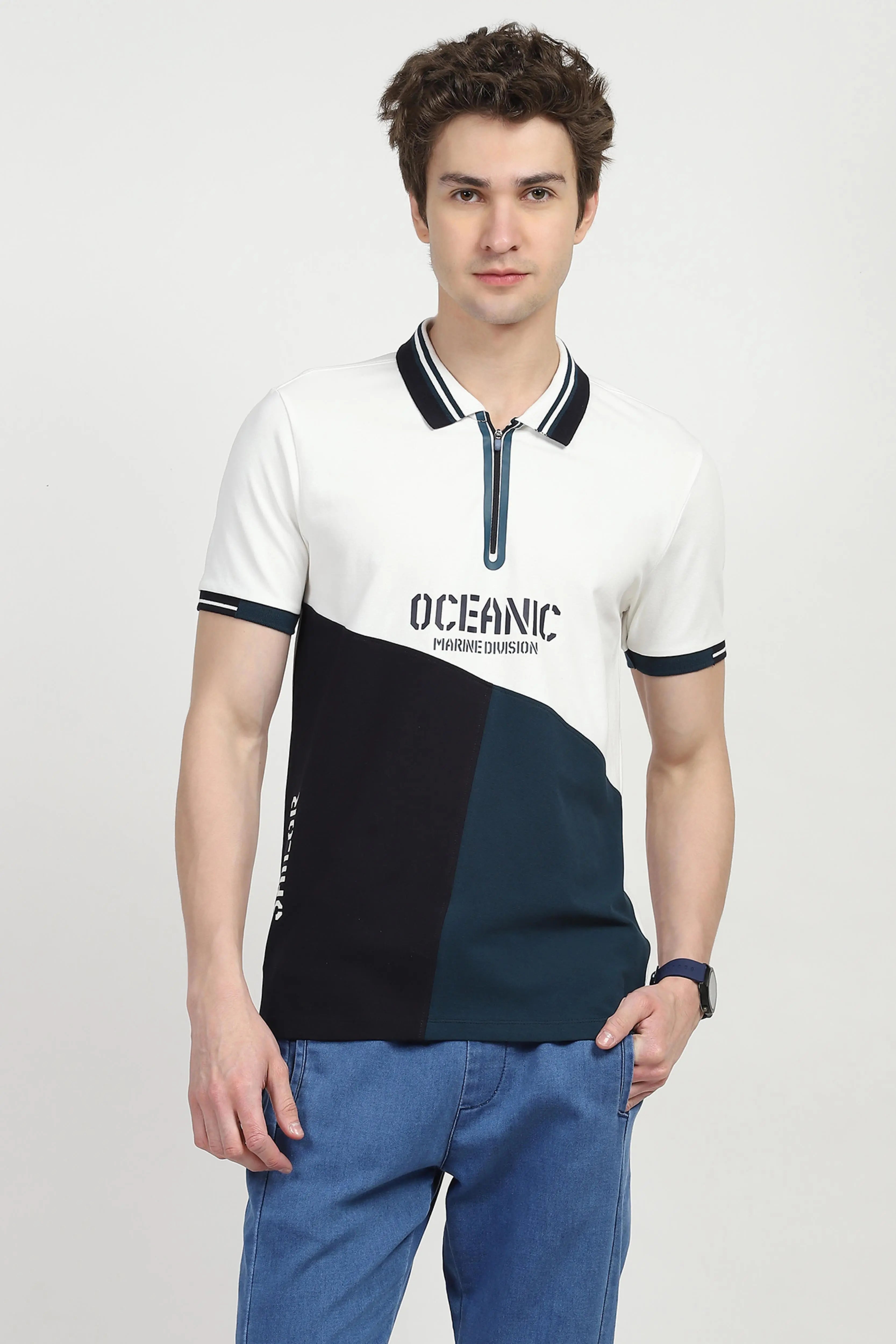 Blue Color Block Cotton Polo T-shirt - Global Republic