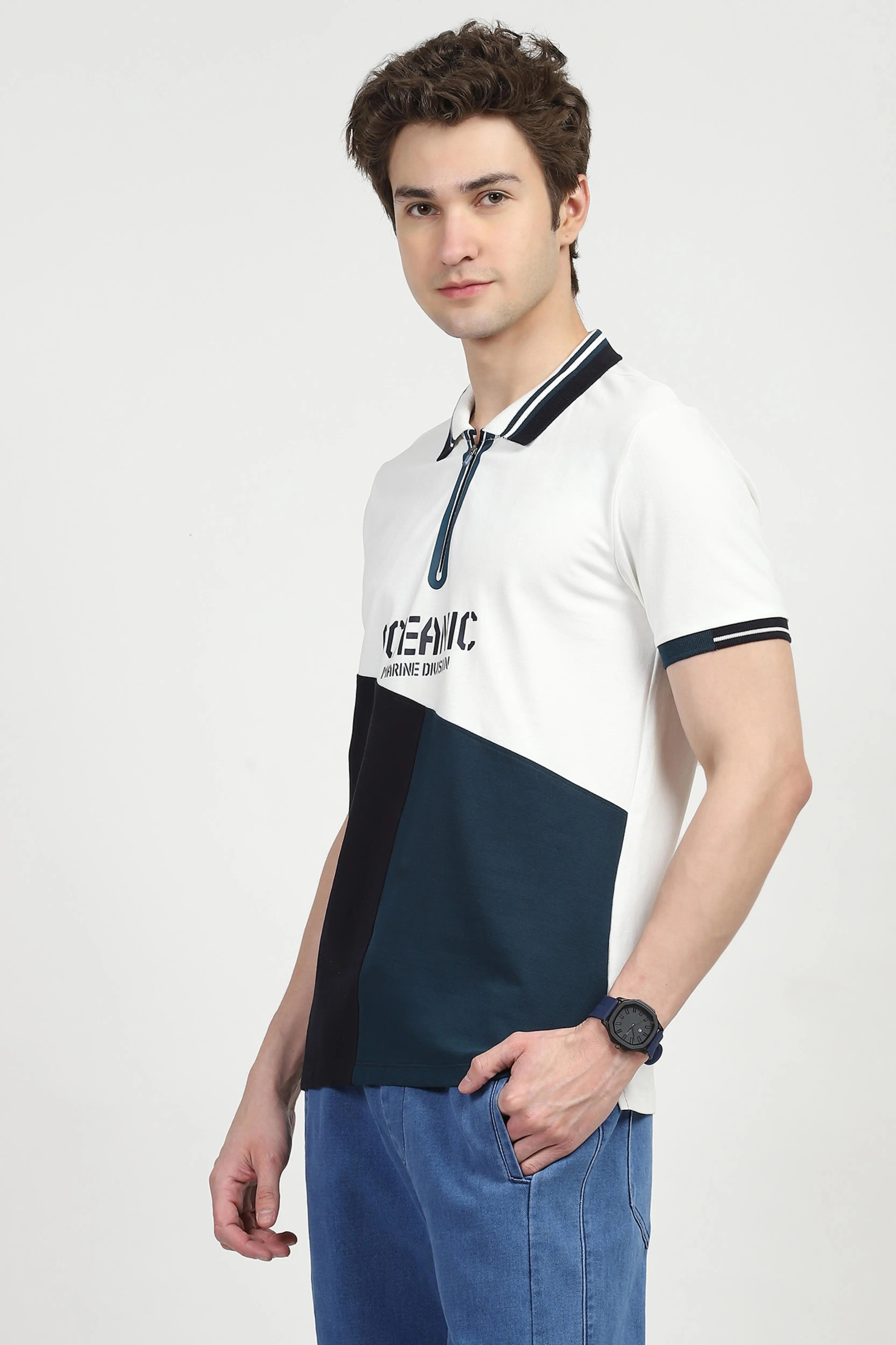 Blue Color Block Cotton Polo T-shirt - Global Republic
