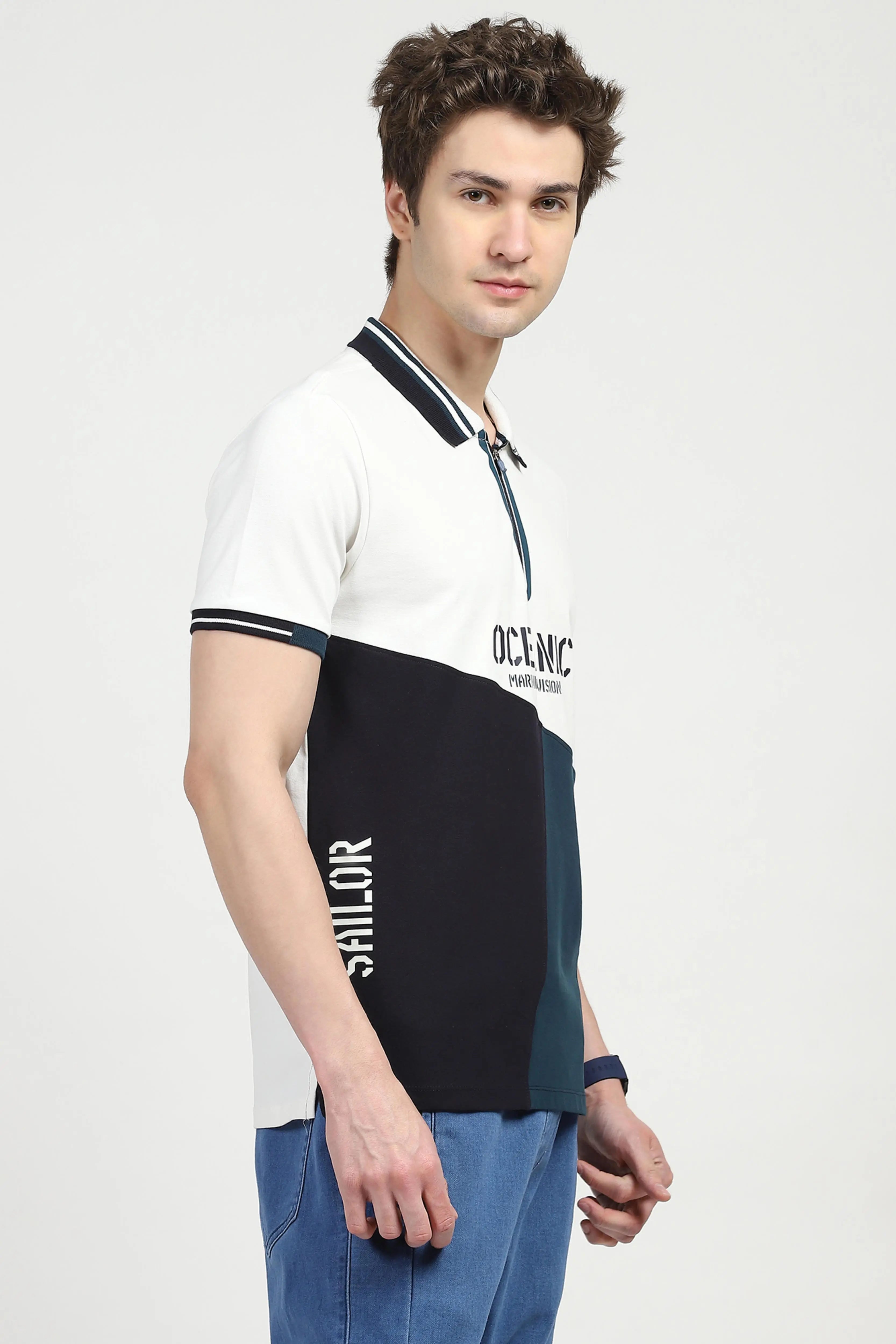 Blue Color Block Cotton Polo T-shirt - Global Republic