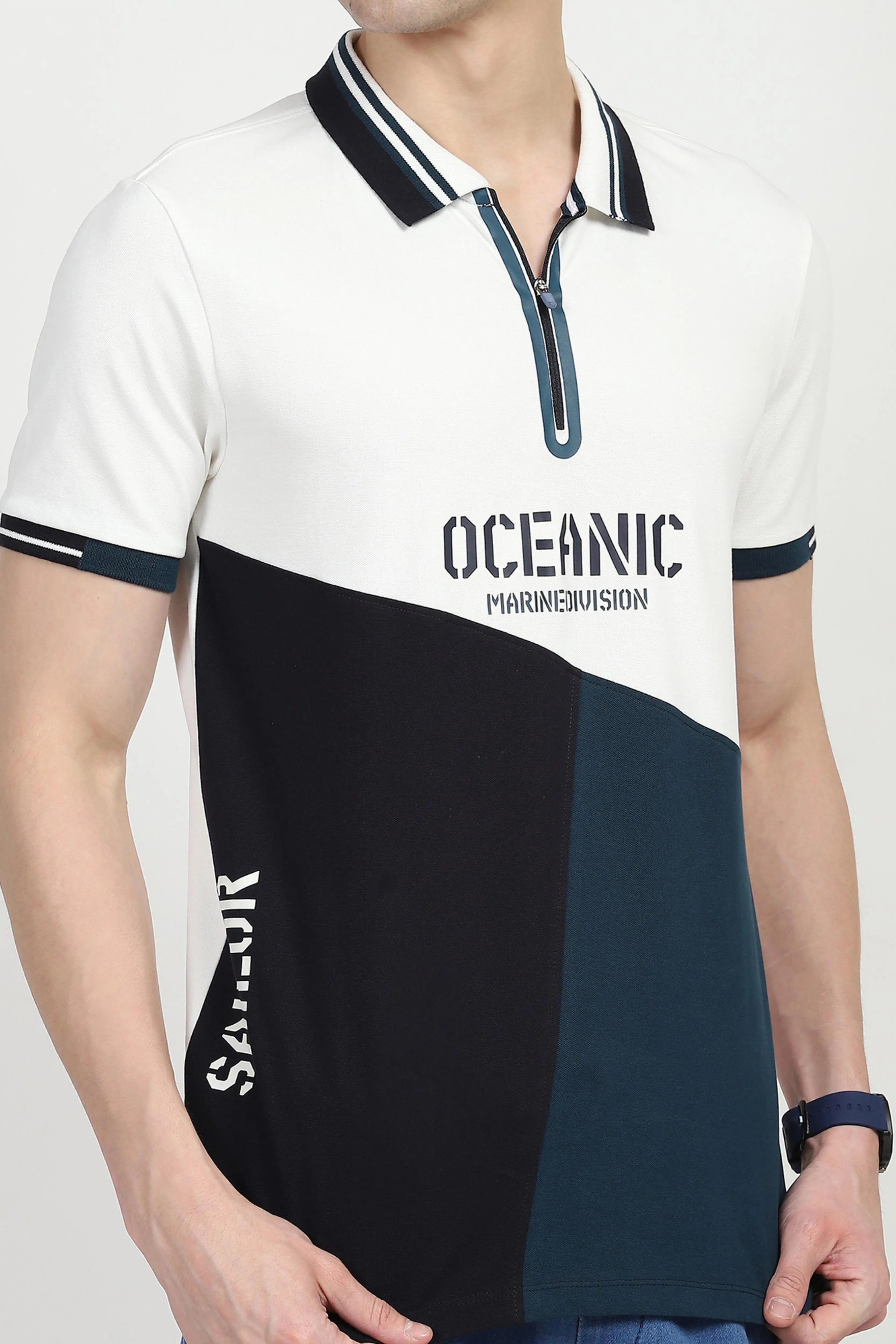 Blue Color Block Cotton Polo T-shirt - Global Republic