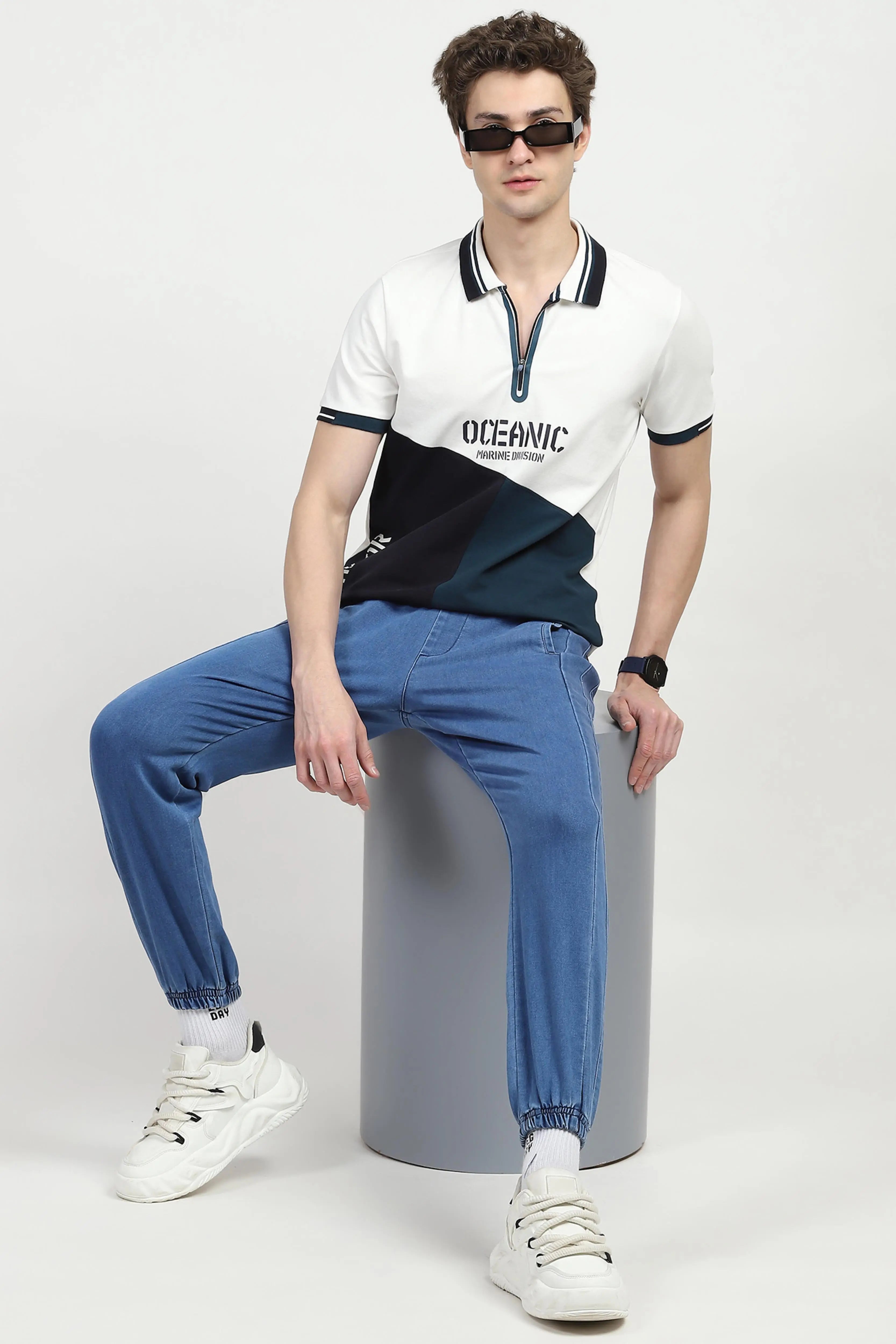 Blue Color Block Cotton Polo T-shirt - Global Republic