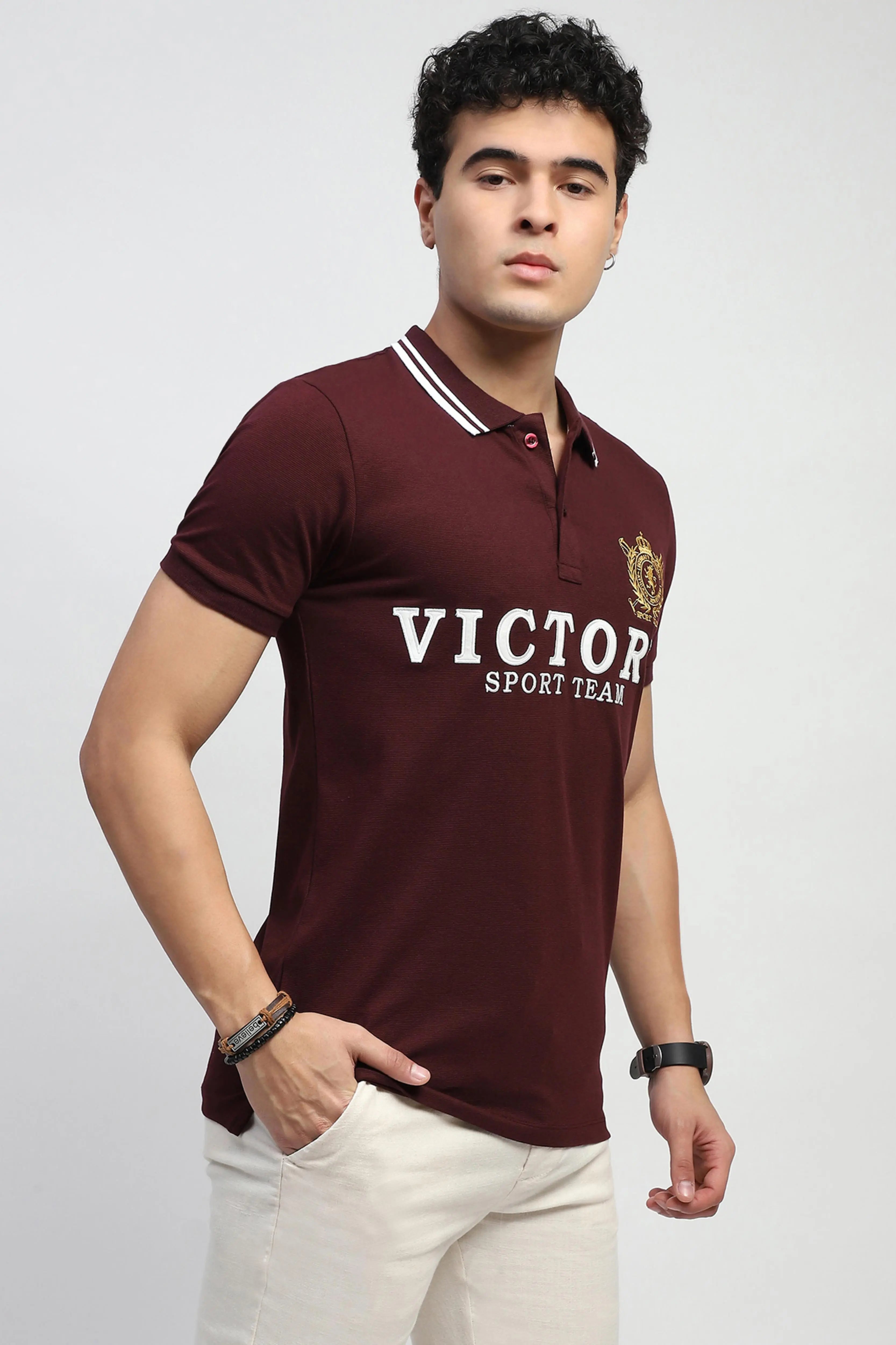 Wine Embroidered Cotton Polo T-Shirt - Global Republic