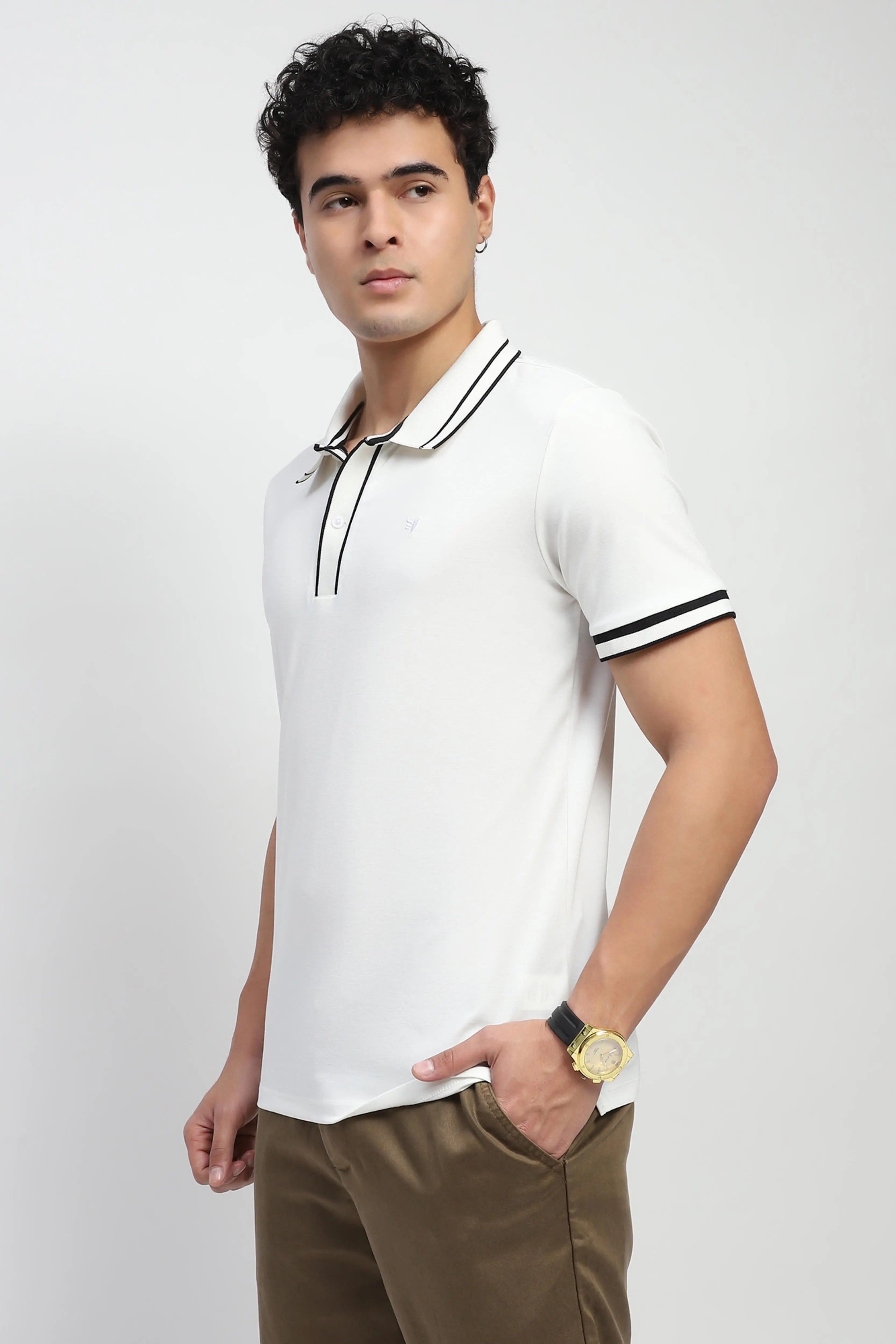 White Solid Cotton Blend Polo T-Shirt - Global Republic