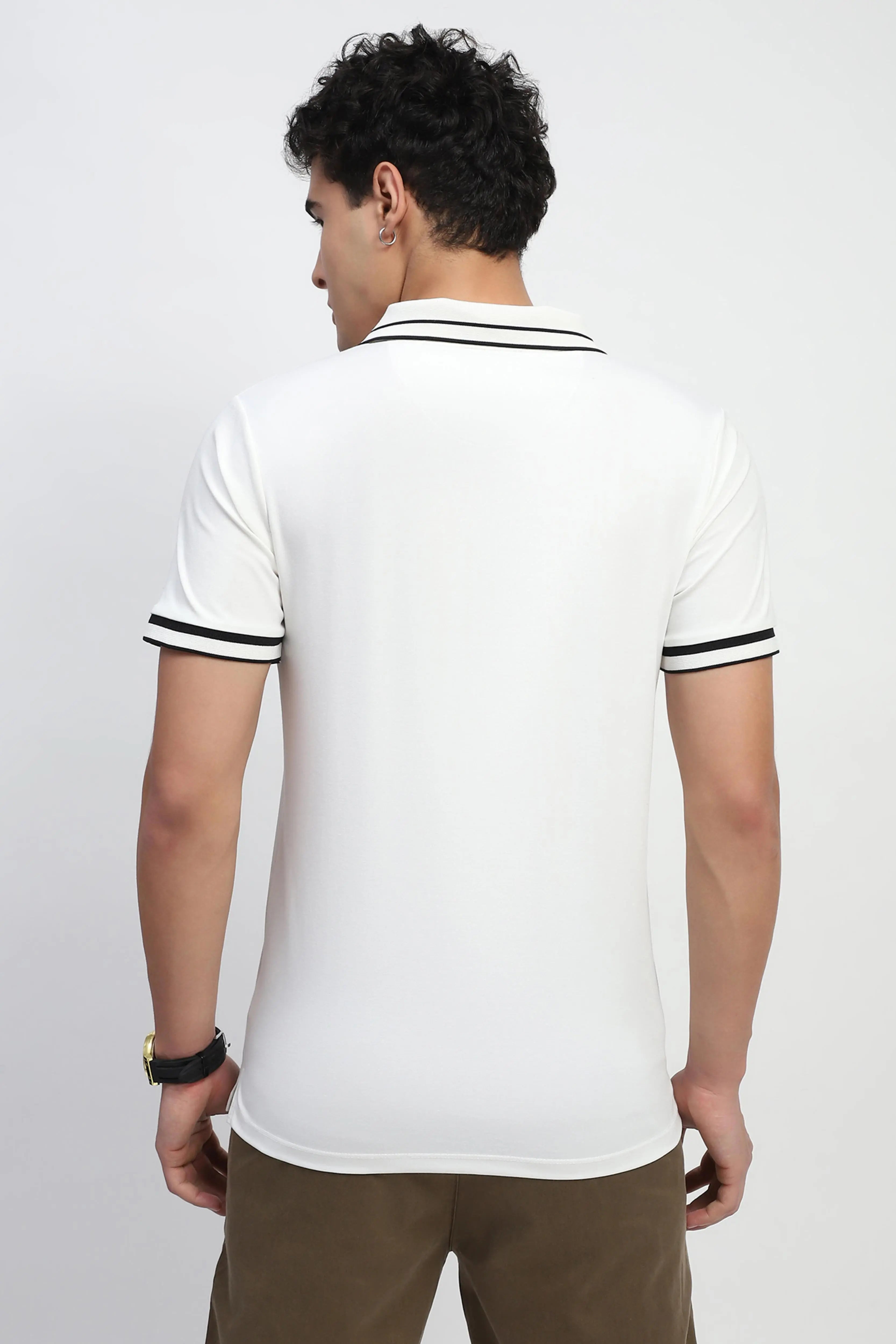 White Solid Cotton Blend Polo T-Shirt - Global Republic