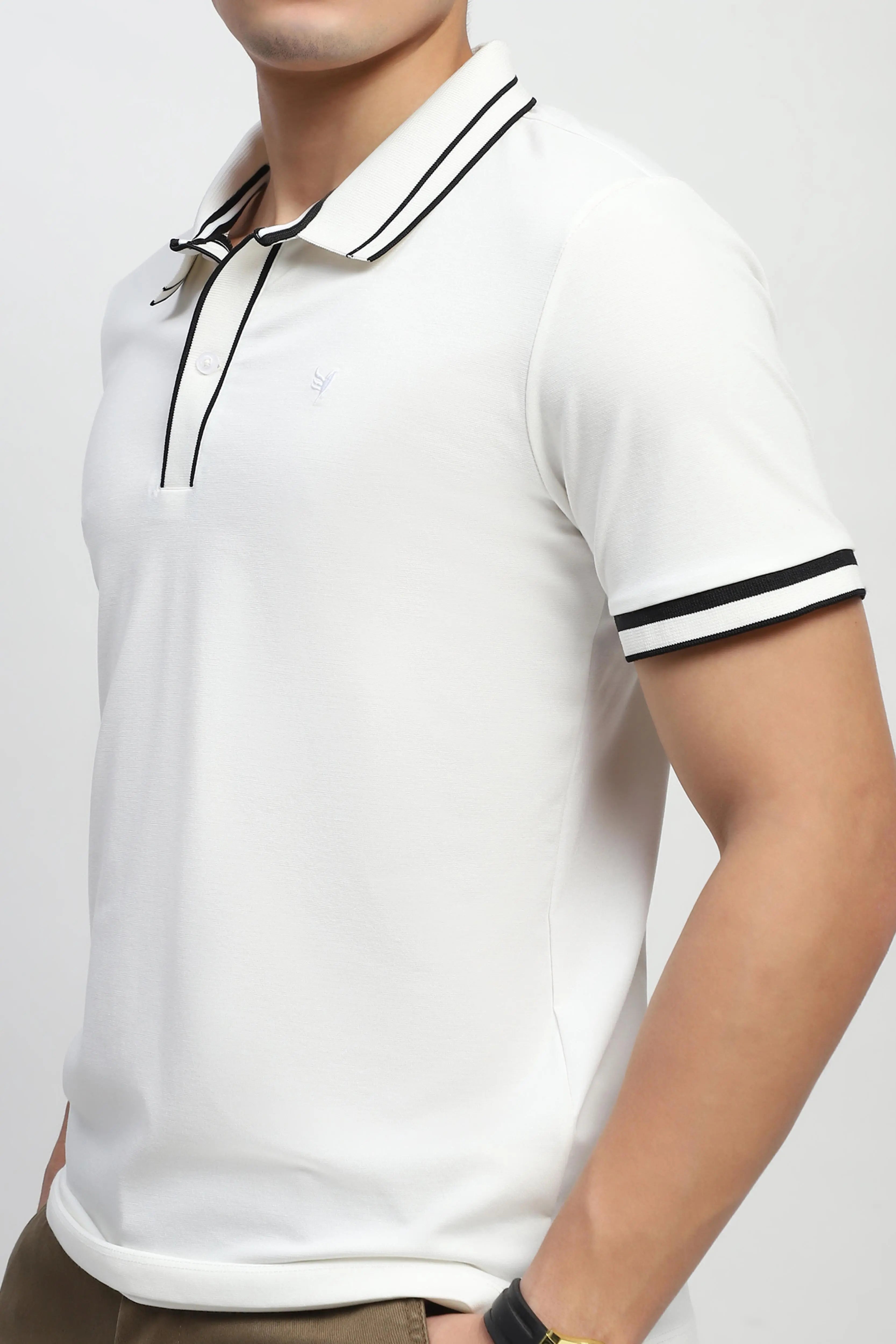 White Solid Cotton Blend Polo T-Shirt - Global Republic