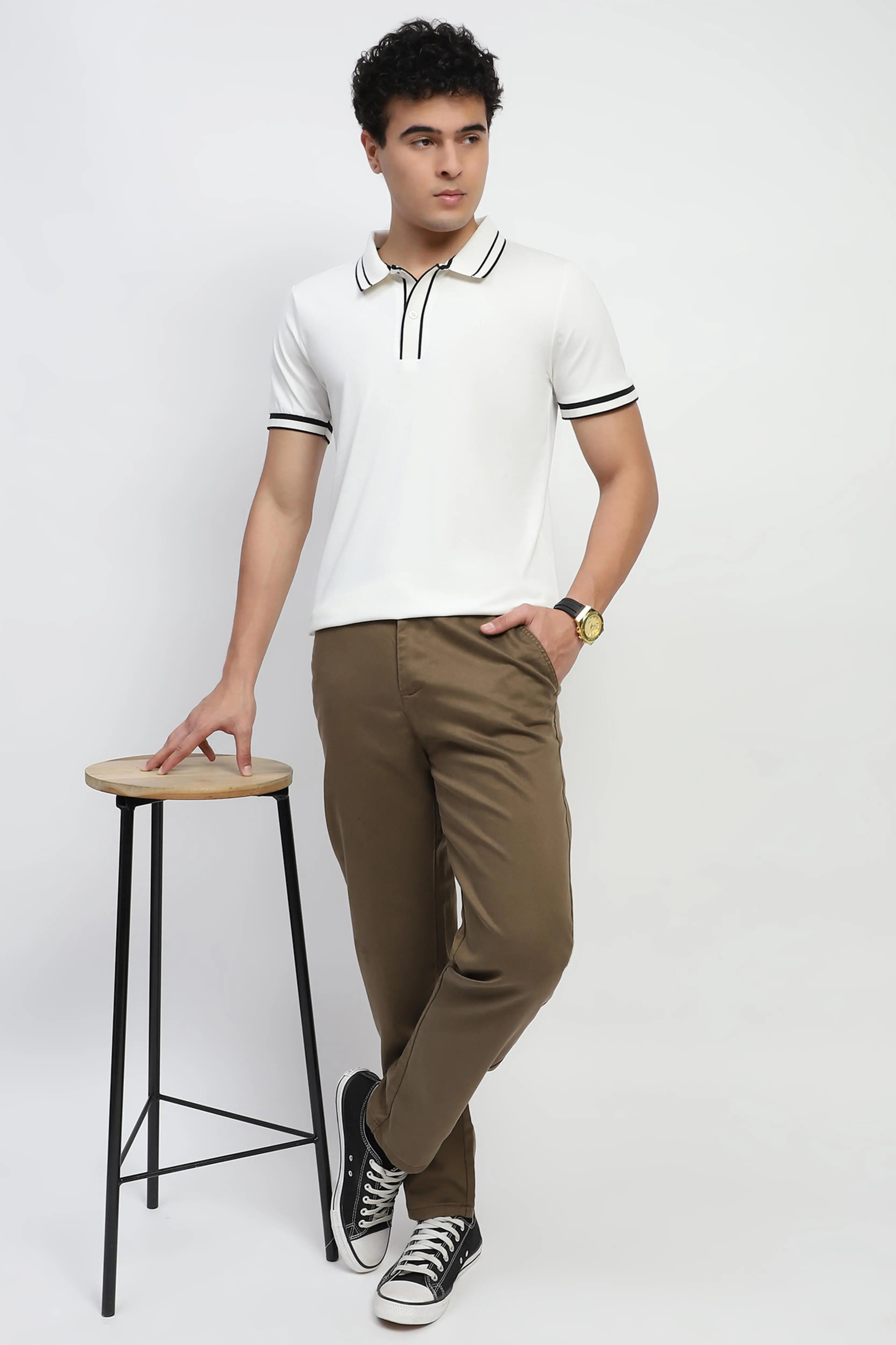 White Solid Cotton Blend Polo T-Shirt - Global Republic