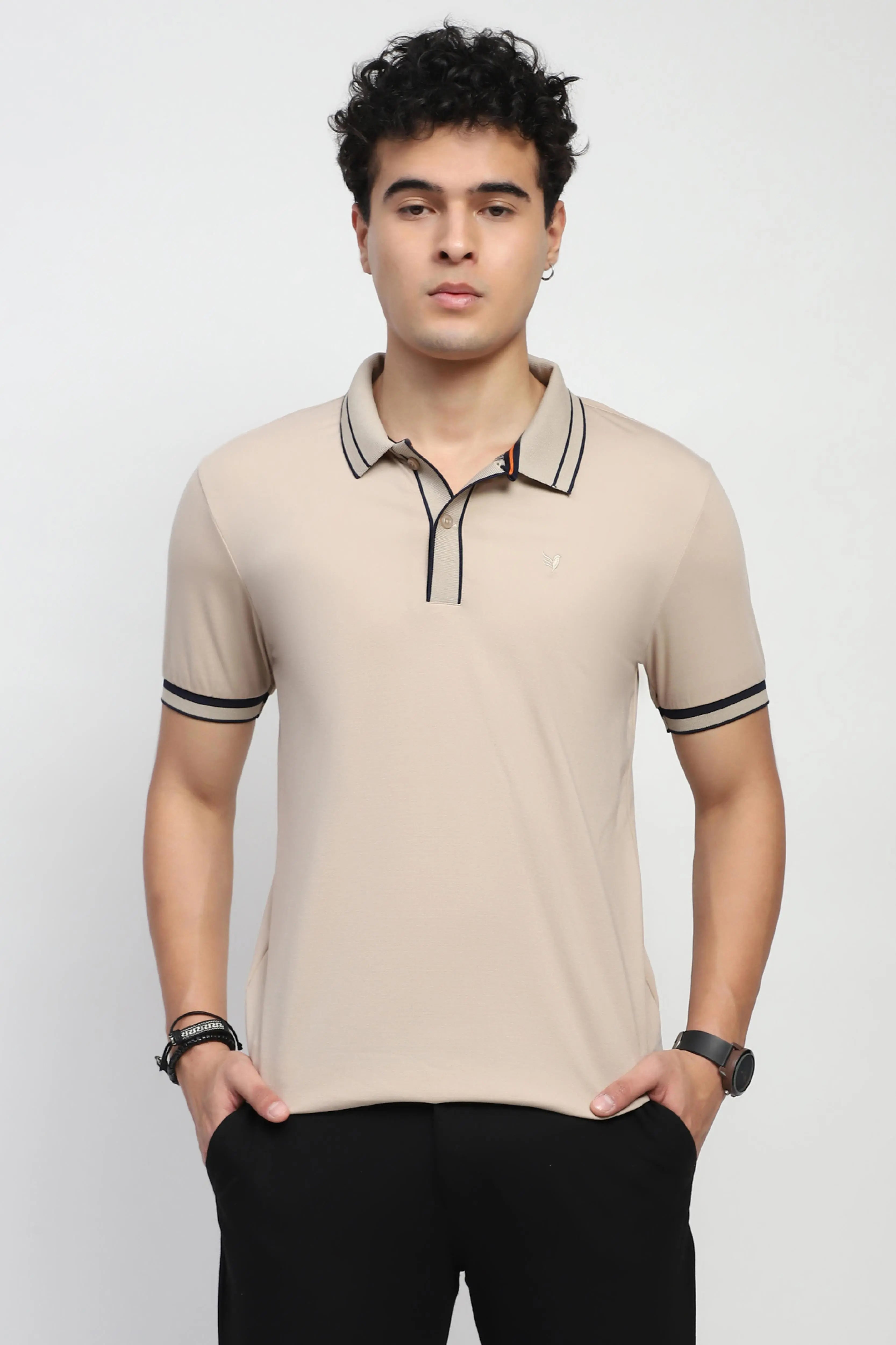 Beige Solid Cotton Blend Polo T-Shirt - Global Republic