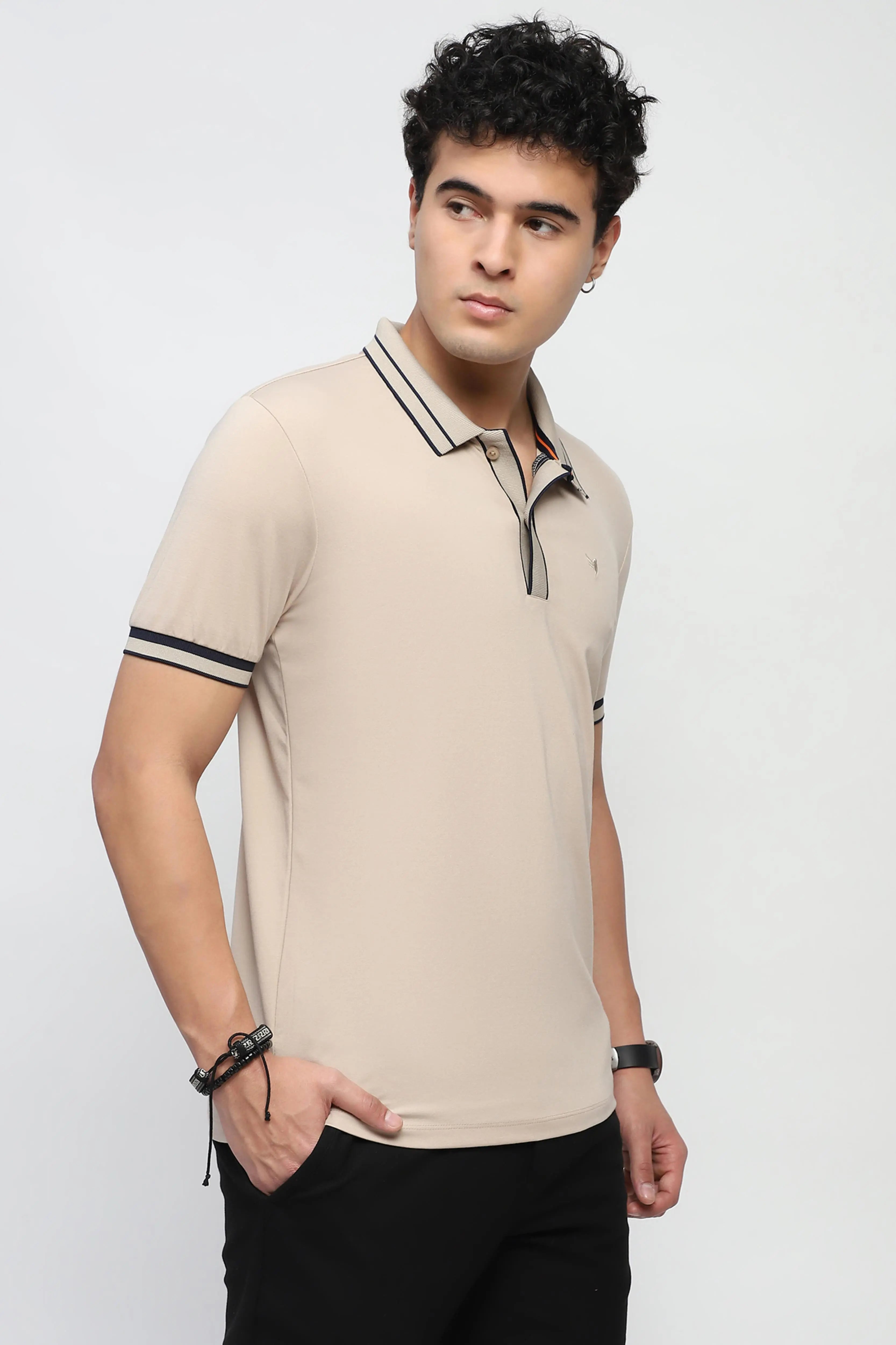 Beige Solid Cotton Blend Polo T-Shirt - Global Republic