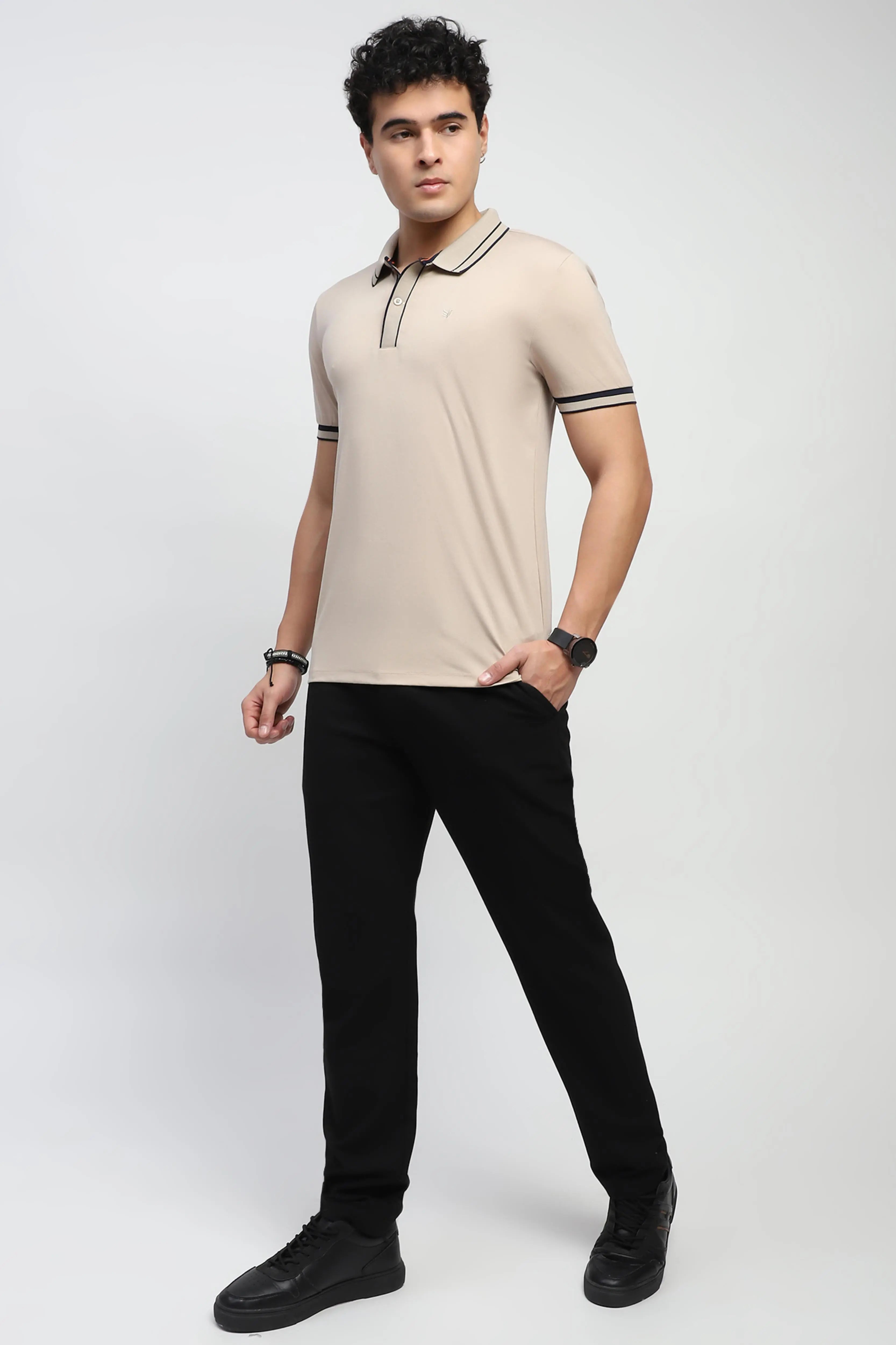 Beige Solid Cotton Blend Polo T-Shirt - Global Republic