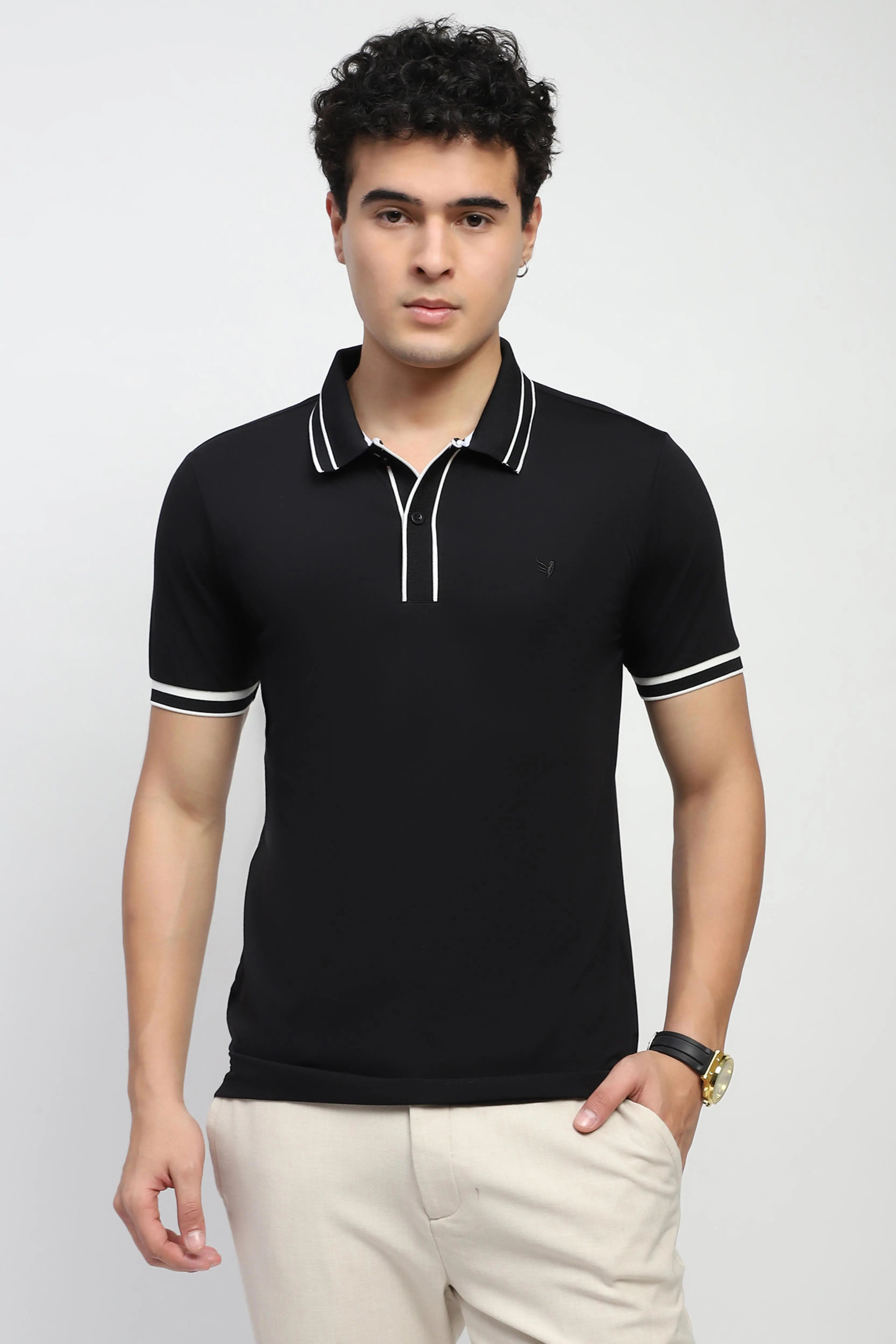 Black Solid Cotton Blend Polo T-Shirt - Global Republic