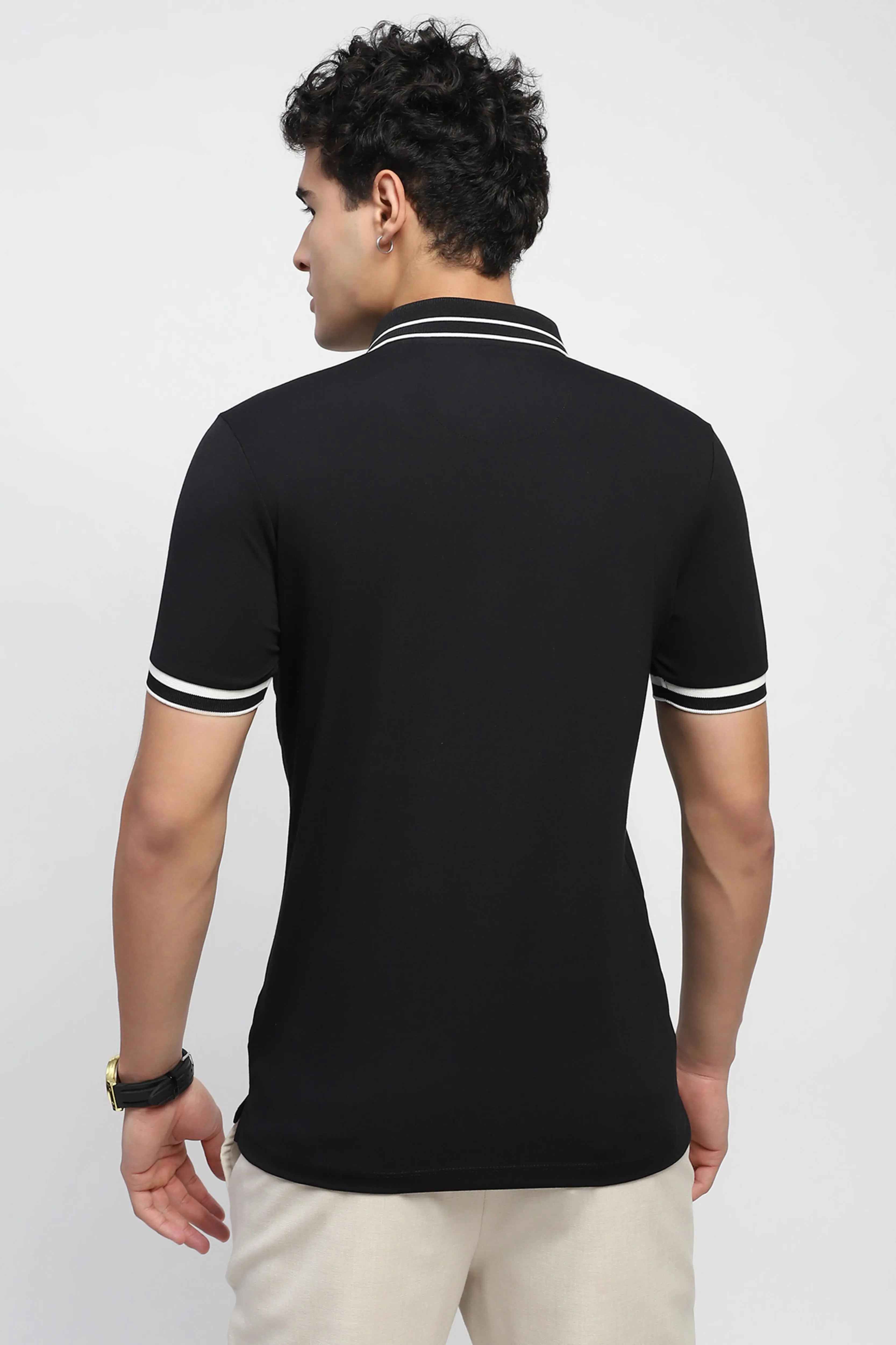 Black Solid Cotton Blend Polo T-Shirt - Global Republic