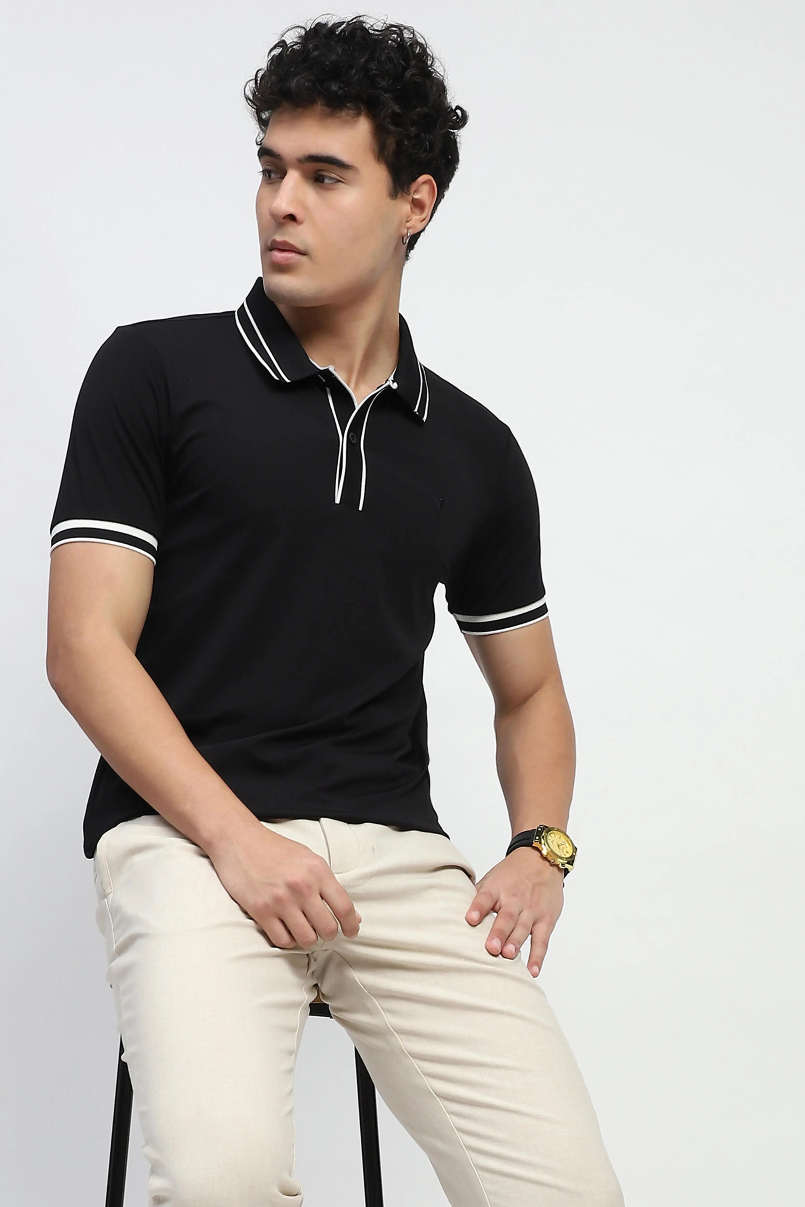 Black Solid Cotton Blend Polo T-Shirt - Global Republic