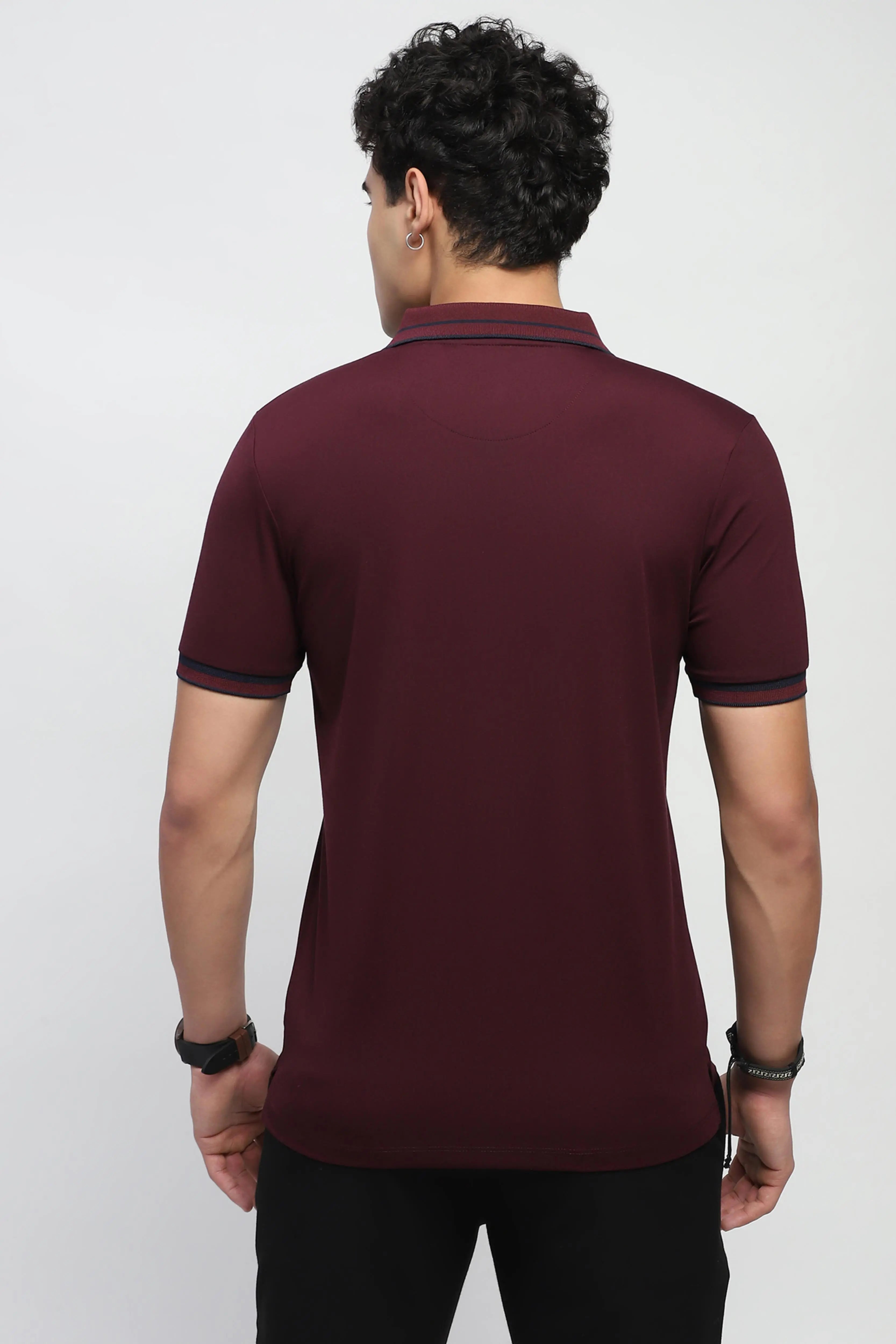Wine Solid Cotton Blend Polo T-Shirt - Global Republic