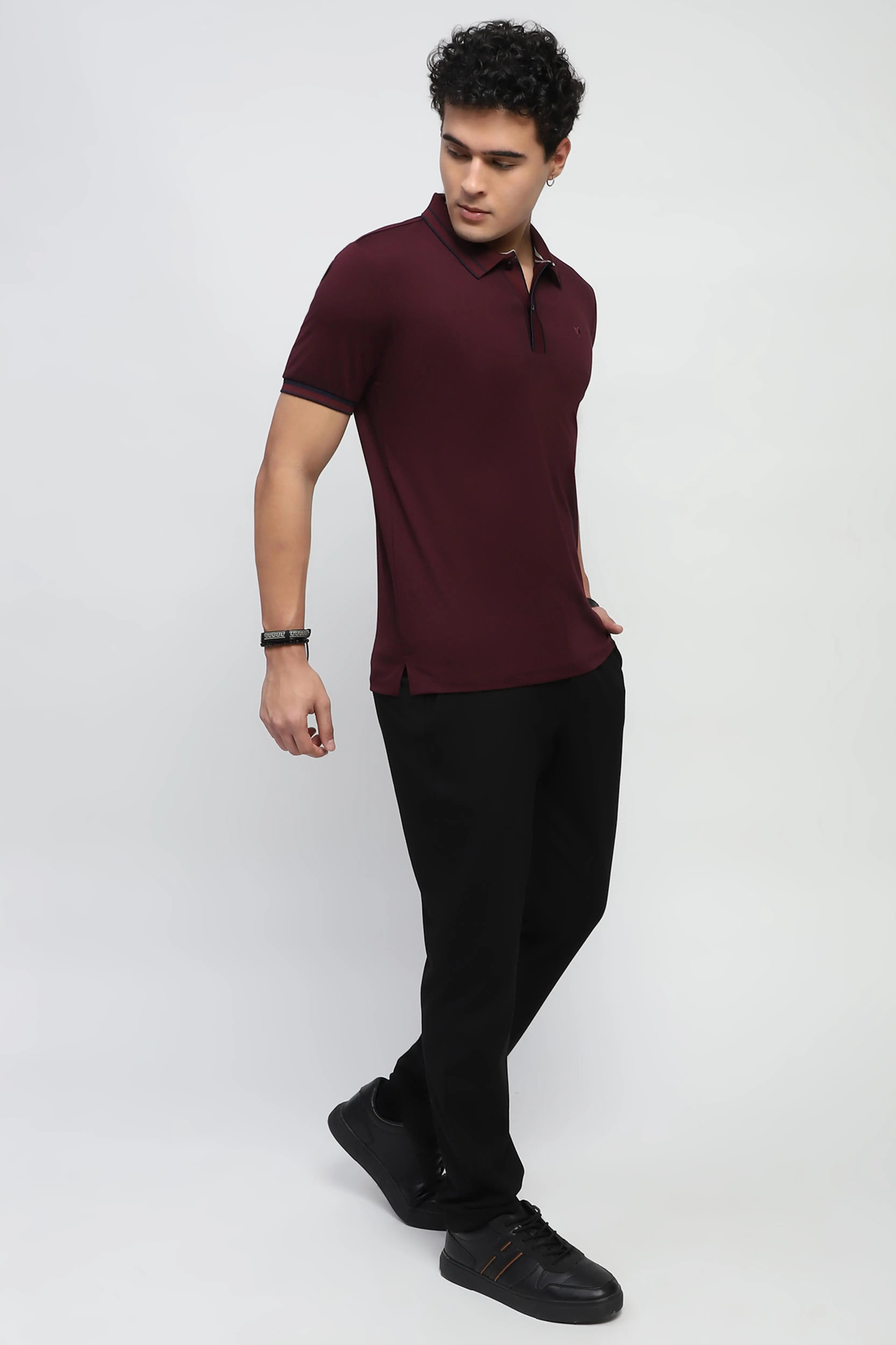 Wine Solid Cotton Blend Polo T-Shirt - Global Republic