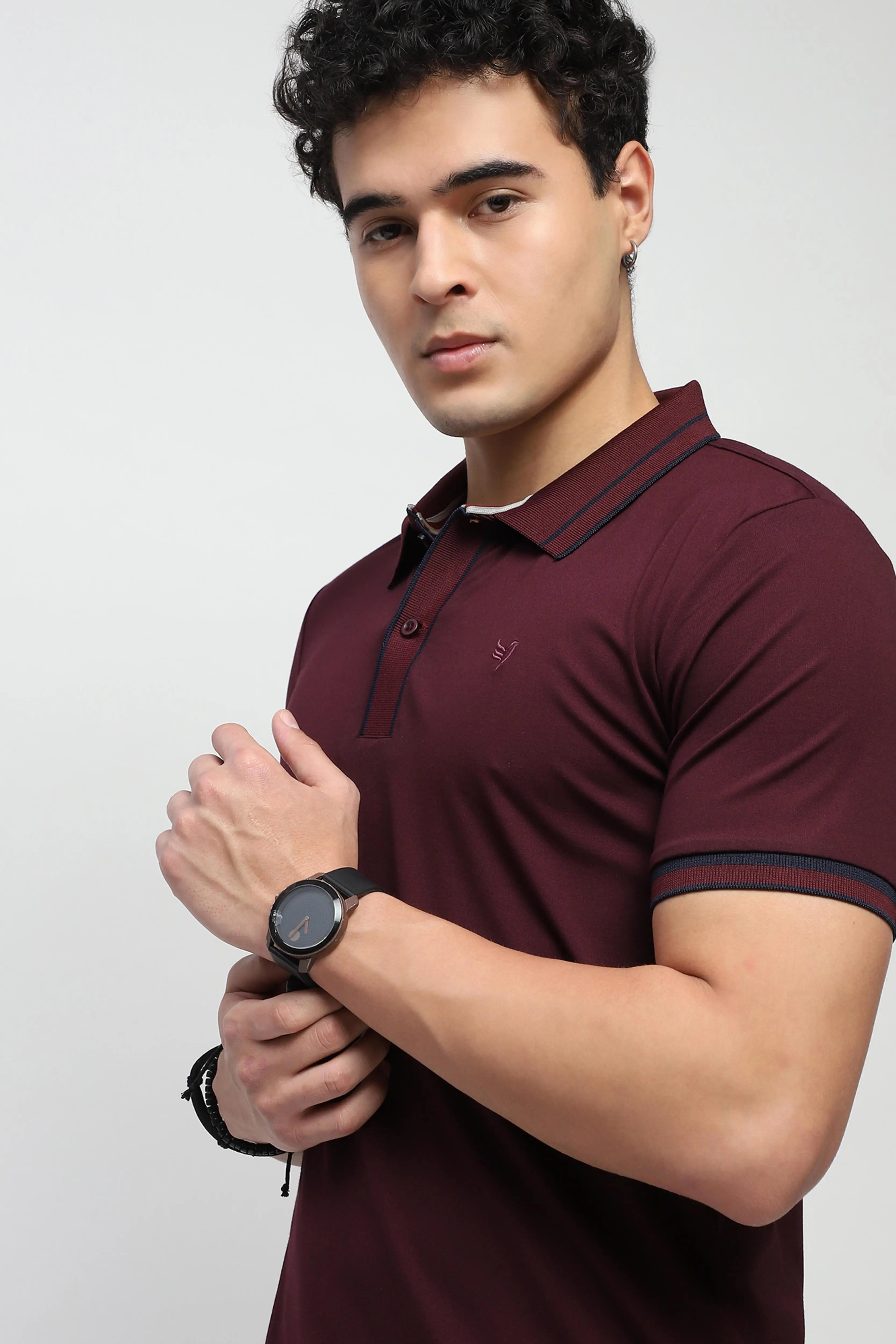 Wine Solid Cotton Blend Polo T-Shirt - Global Republic
