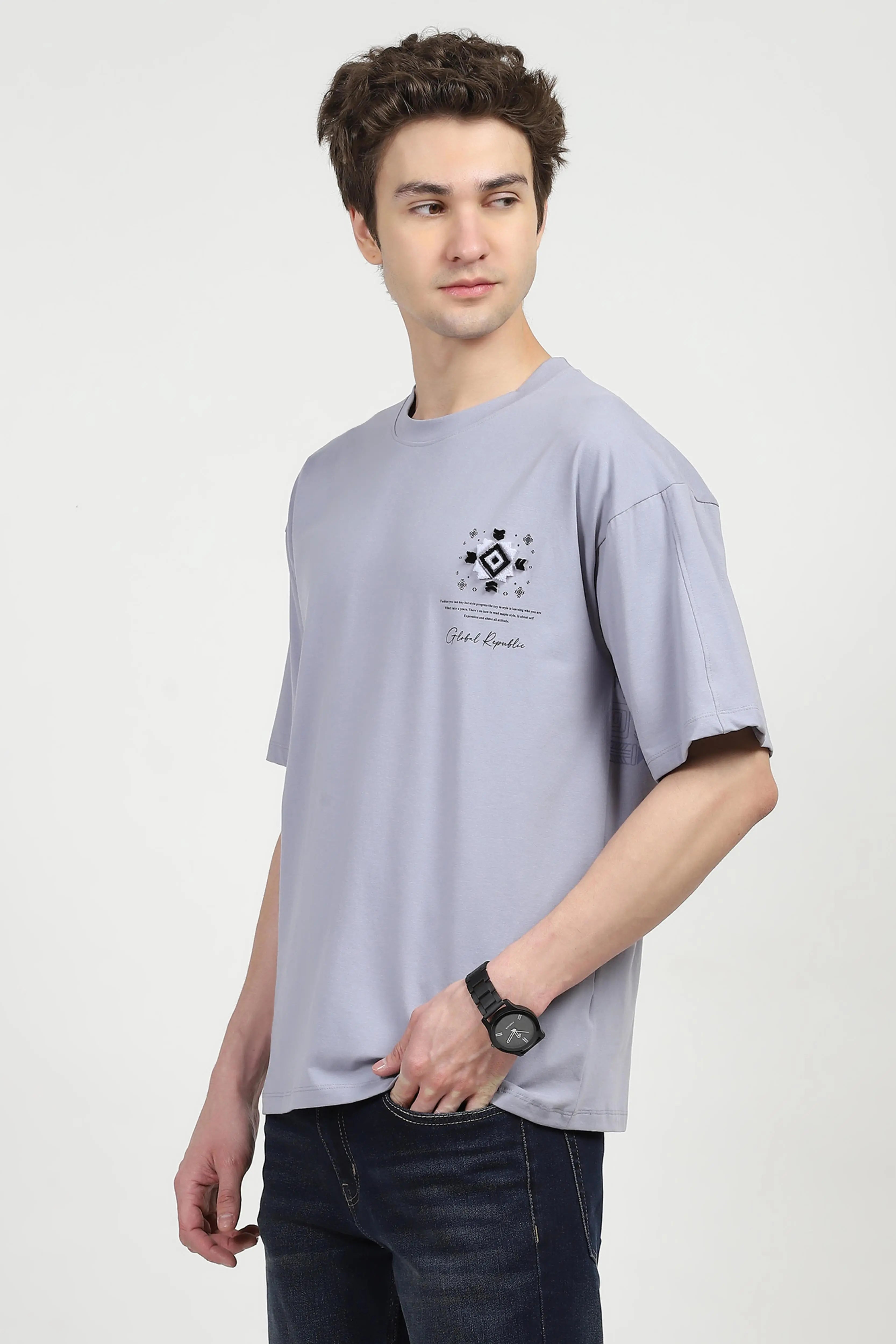 Grey Oversized Graphic Cotton T-shirt - Global Republic