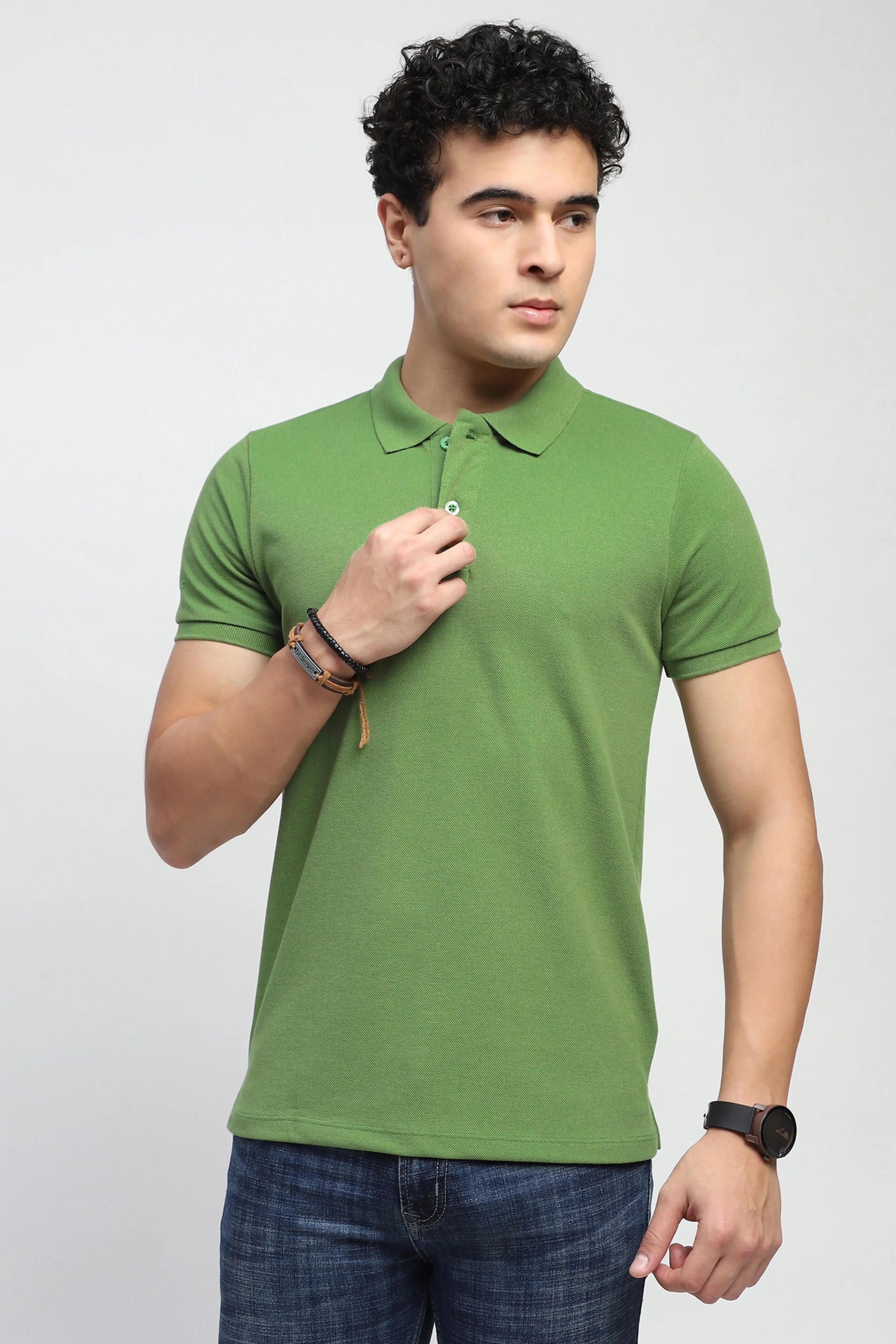 Green Solid Cotton Blend Polo T-Shirt - Global Republic