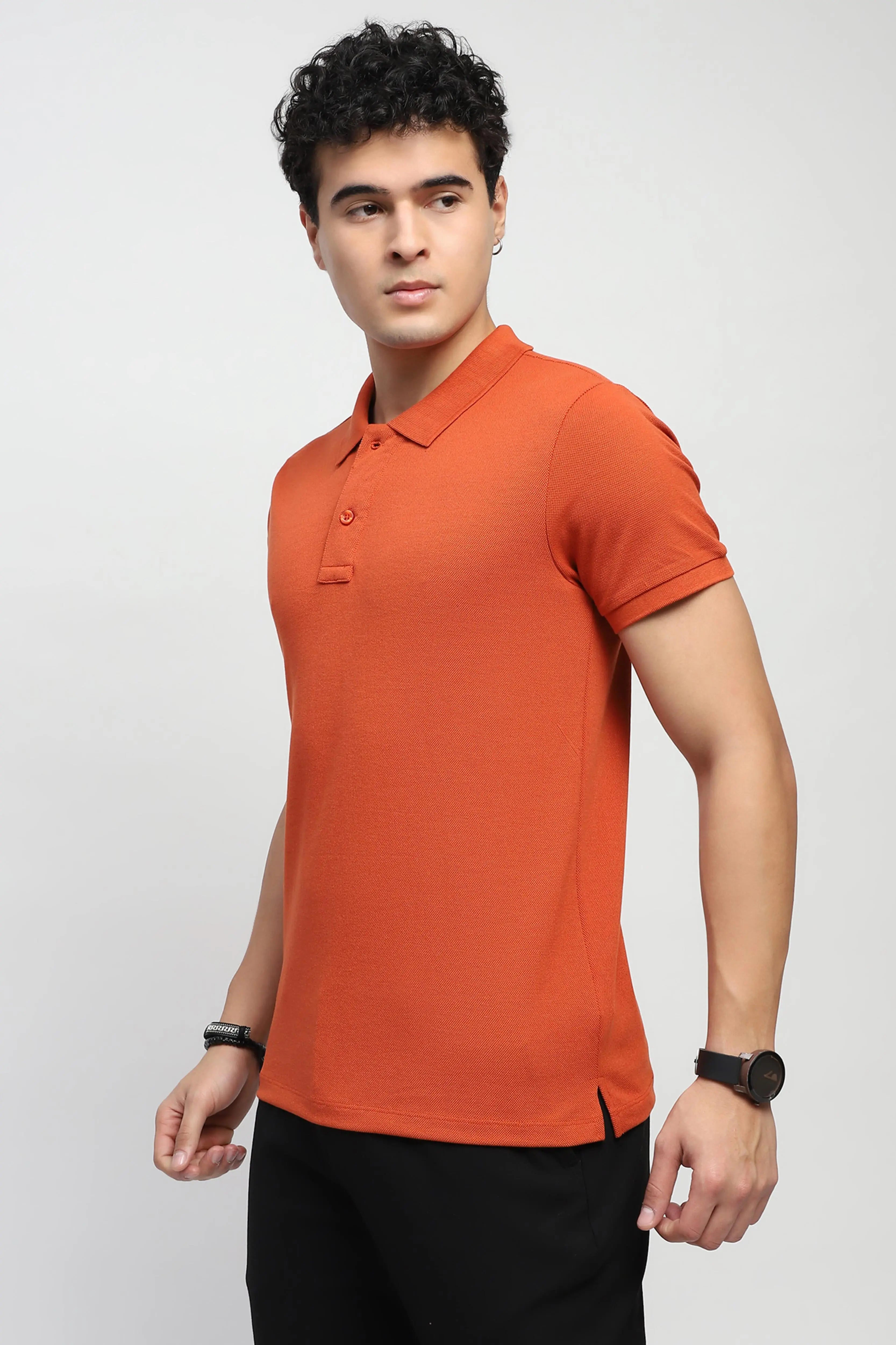 Rust Solid Cotton Blend Polo T-Shirt - Global Republic