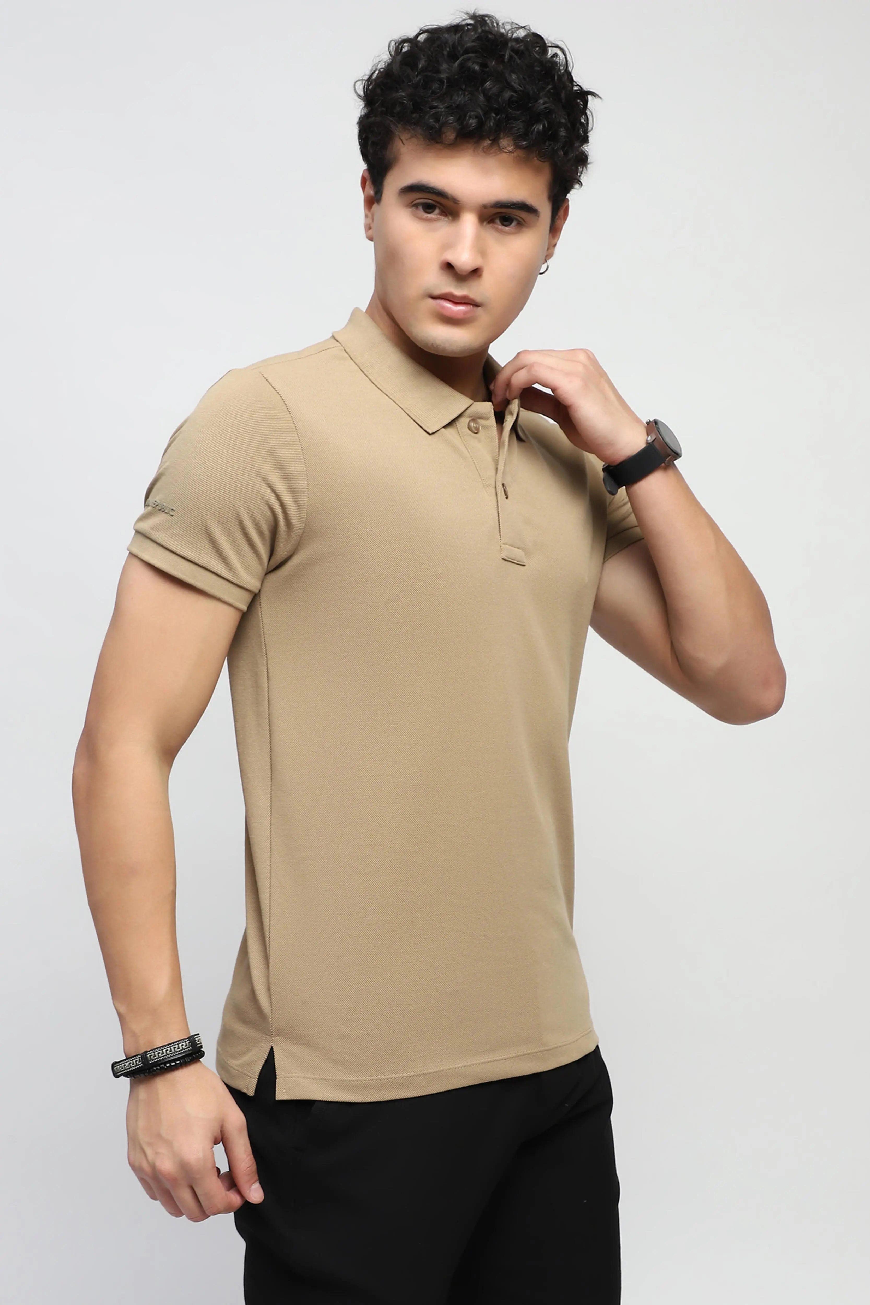 Khaki Solid Cotton Blend Polo T-Shirt - Global Republic