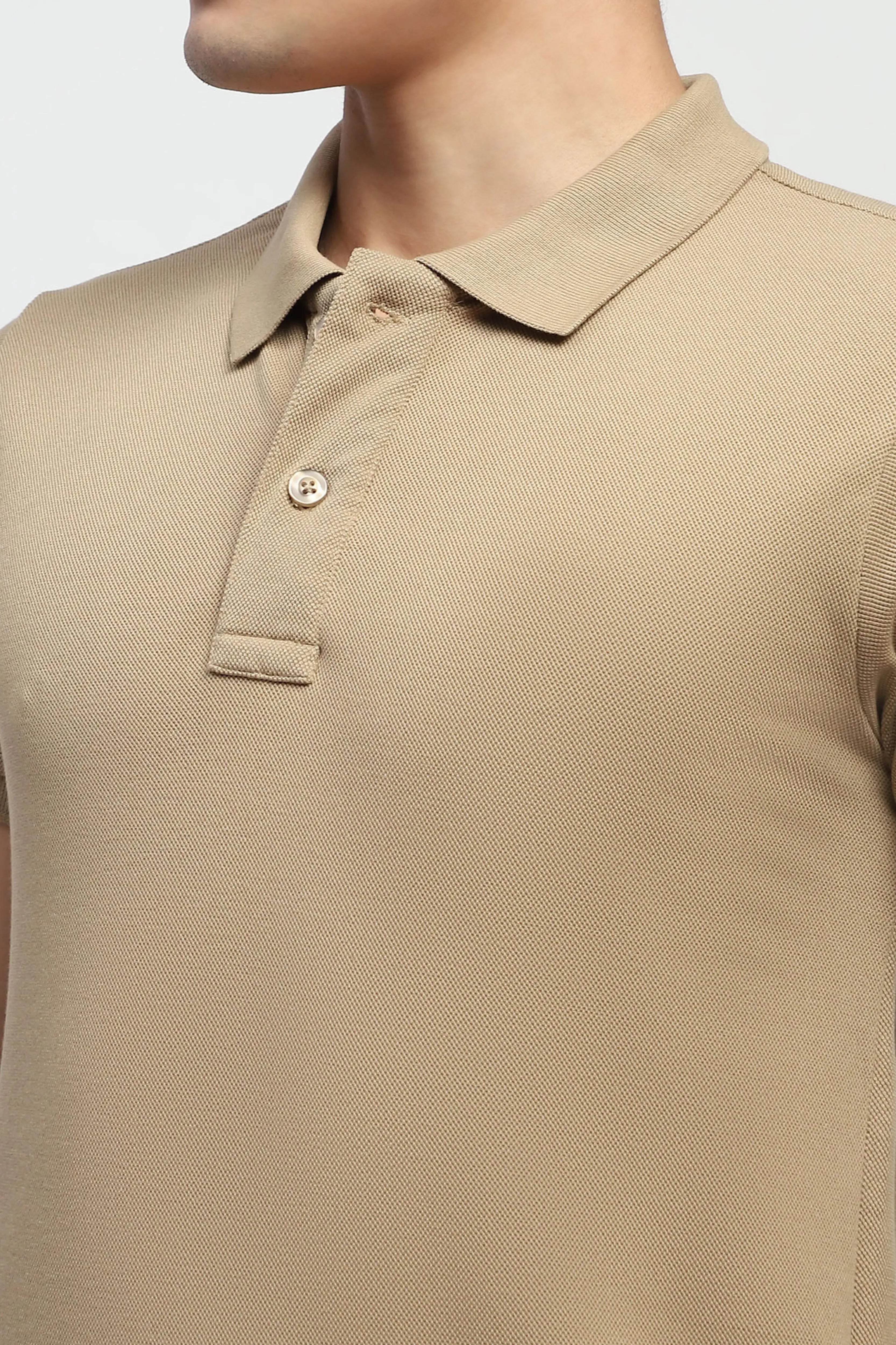 Khaki Solid Cotton Blend Polo T-Shirt - Global Republic