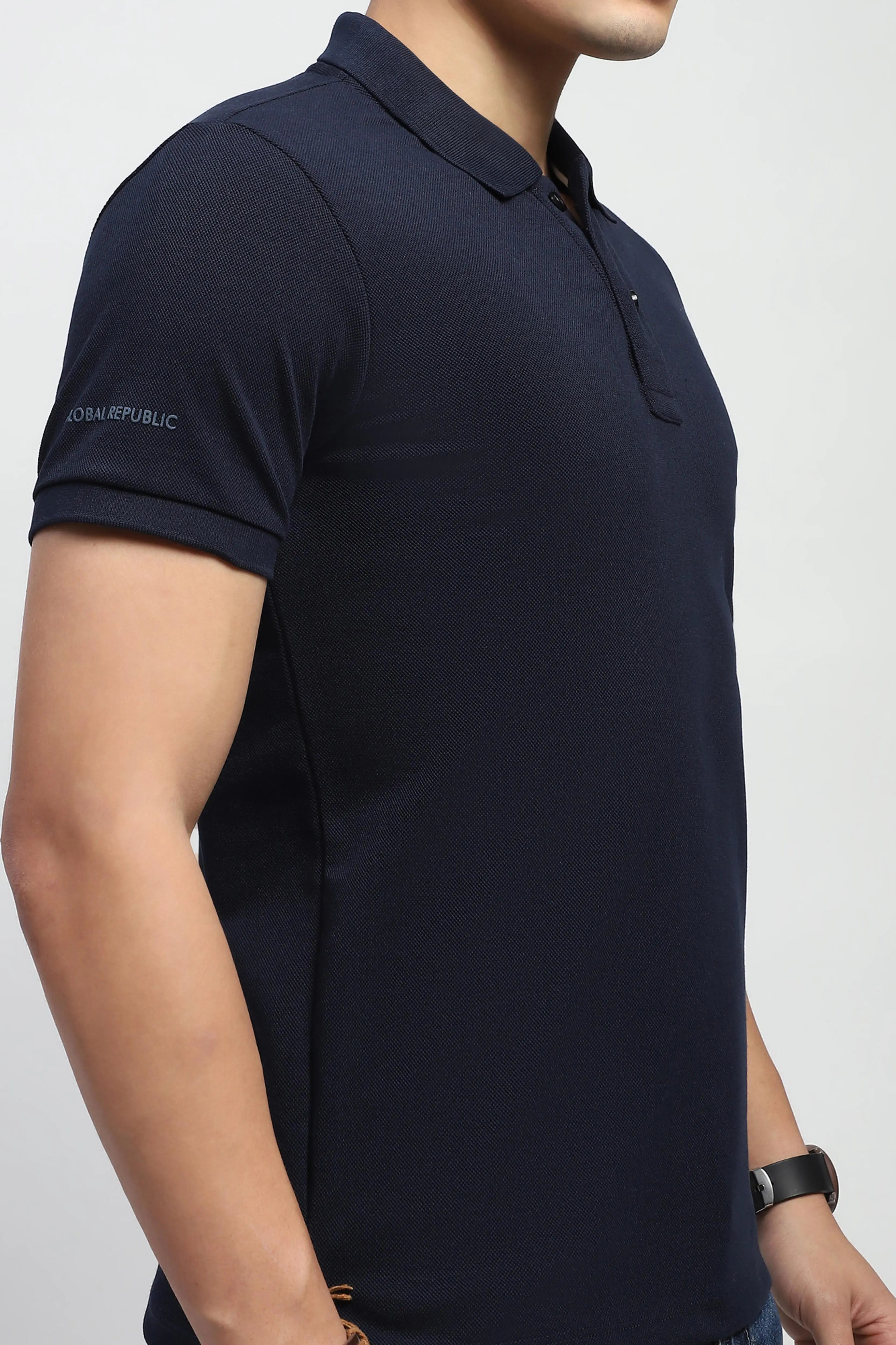 Navy Solid Cotton Blend Polo T-Shirt - Global Republic