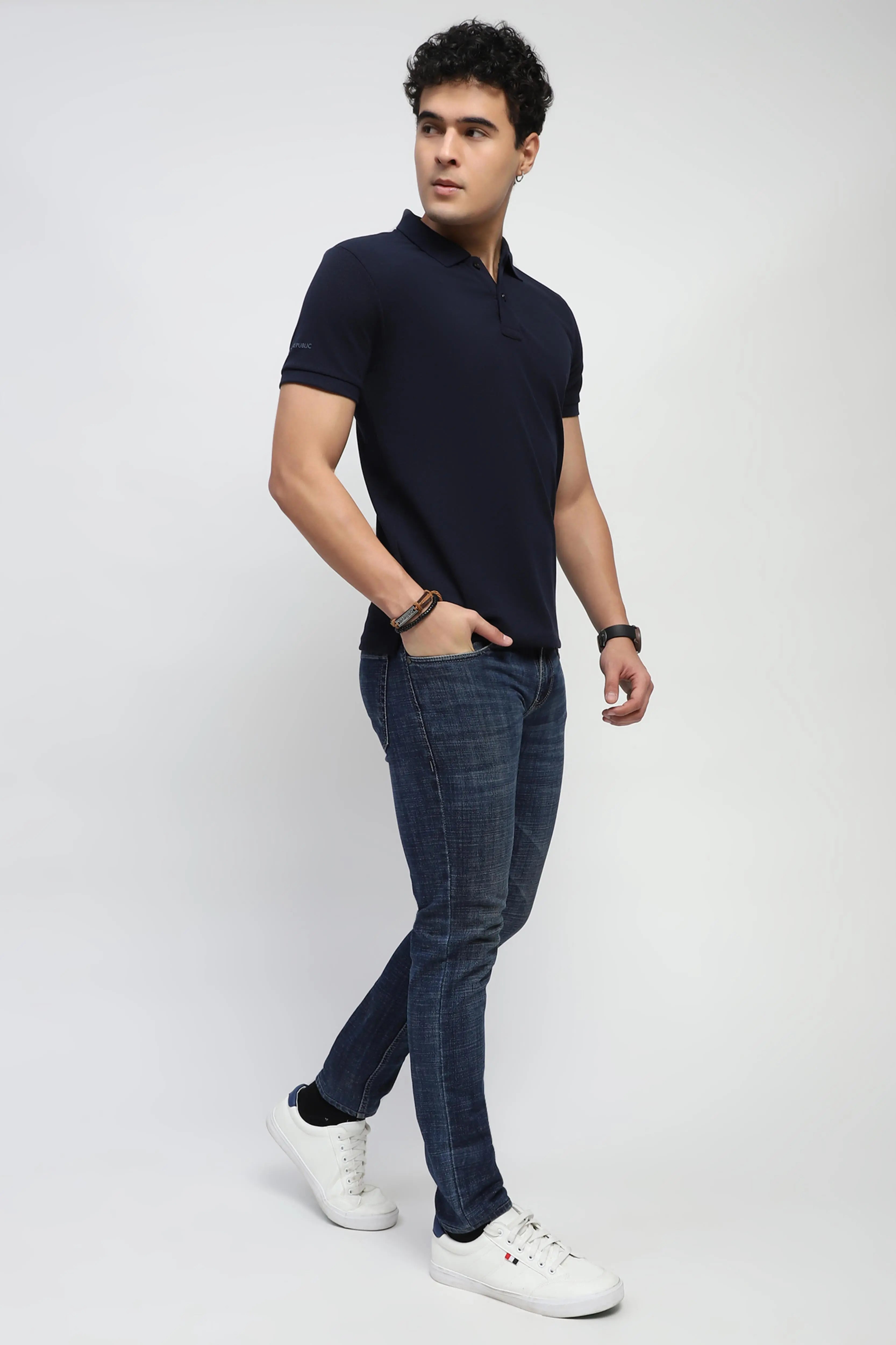 Navy Solid Cotton Blend Polo T-Shirt - Global Republic