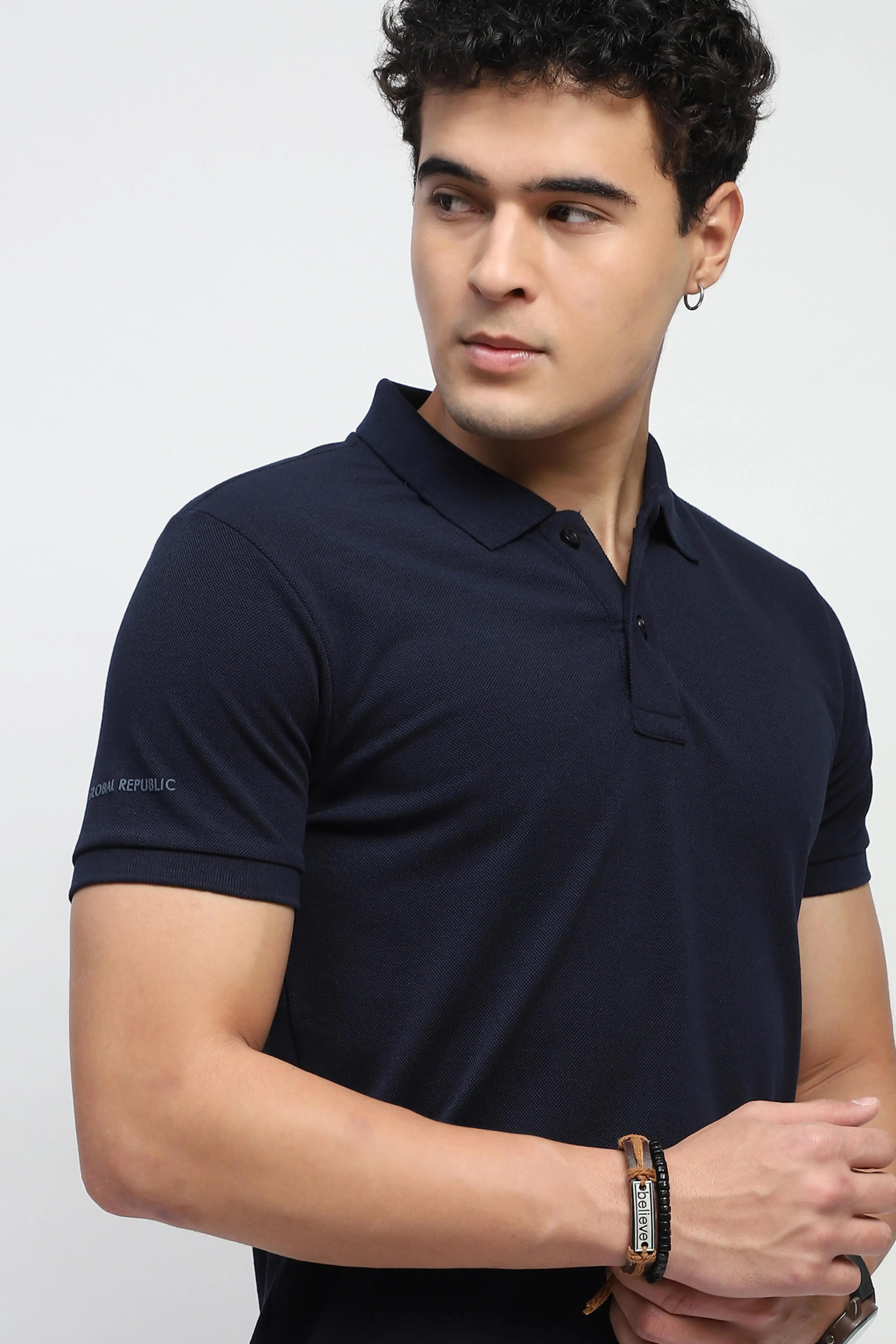 Navy Solid Cotton Blend Polo T-Shirt - Global Republic