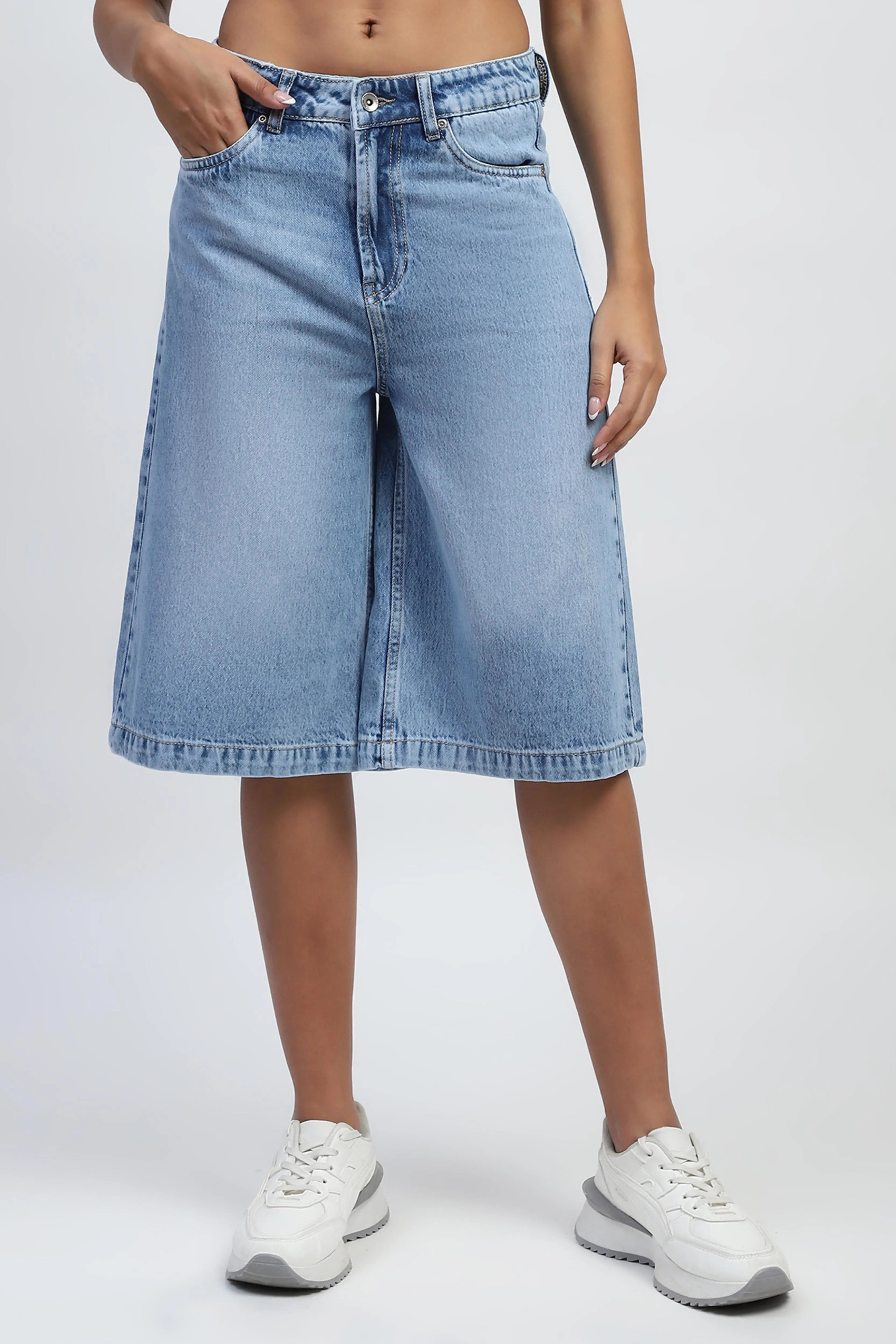 Blue Solid Cotton Blend Loose Culottes - Global Republic