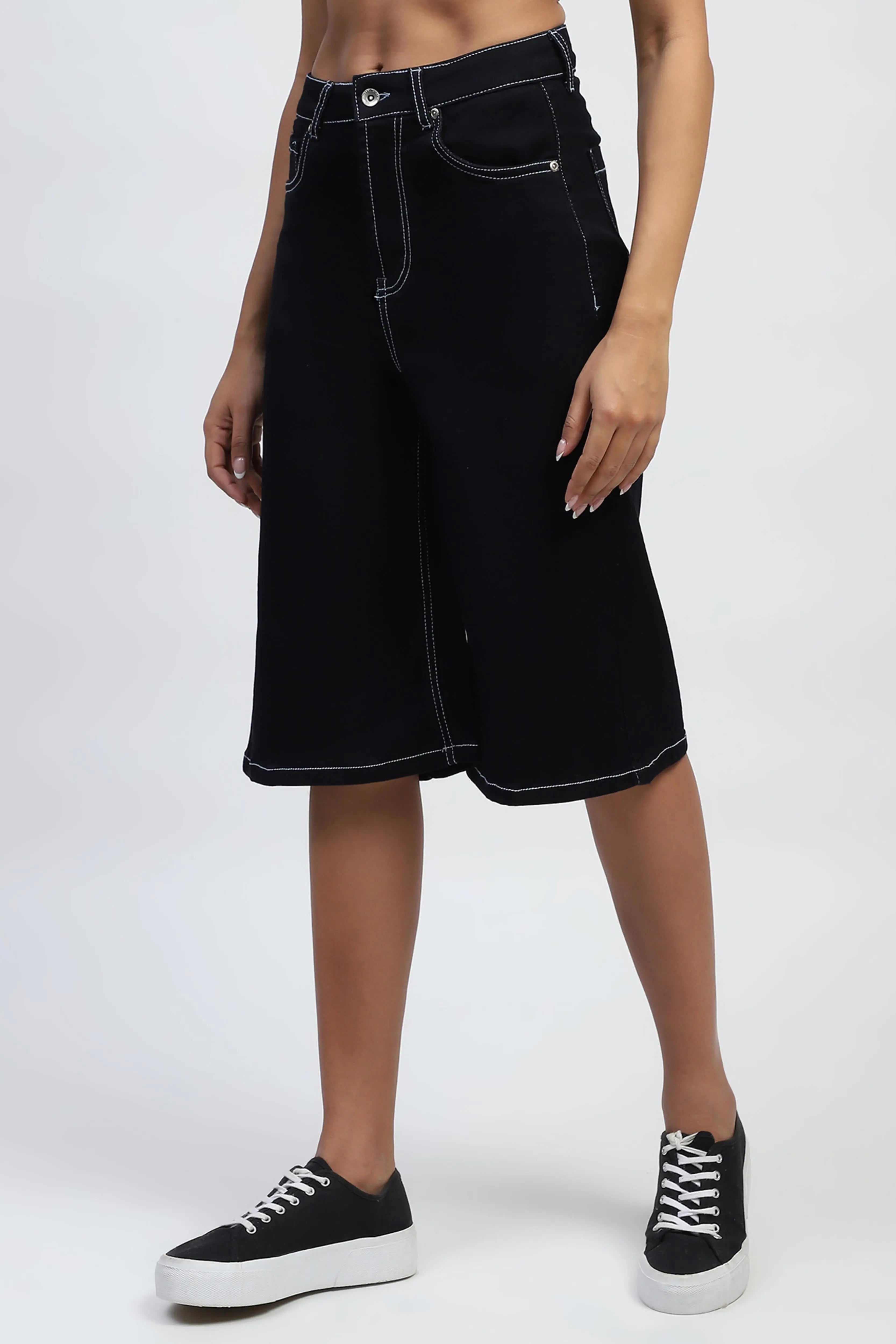 Black Solid Cotton Blend Loose Culottes - Global Republic