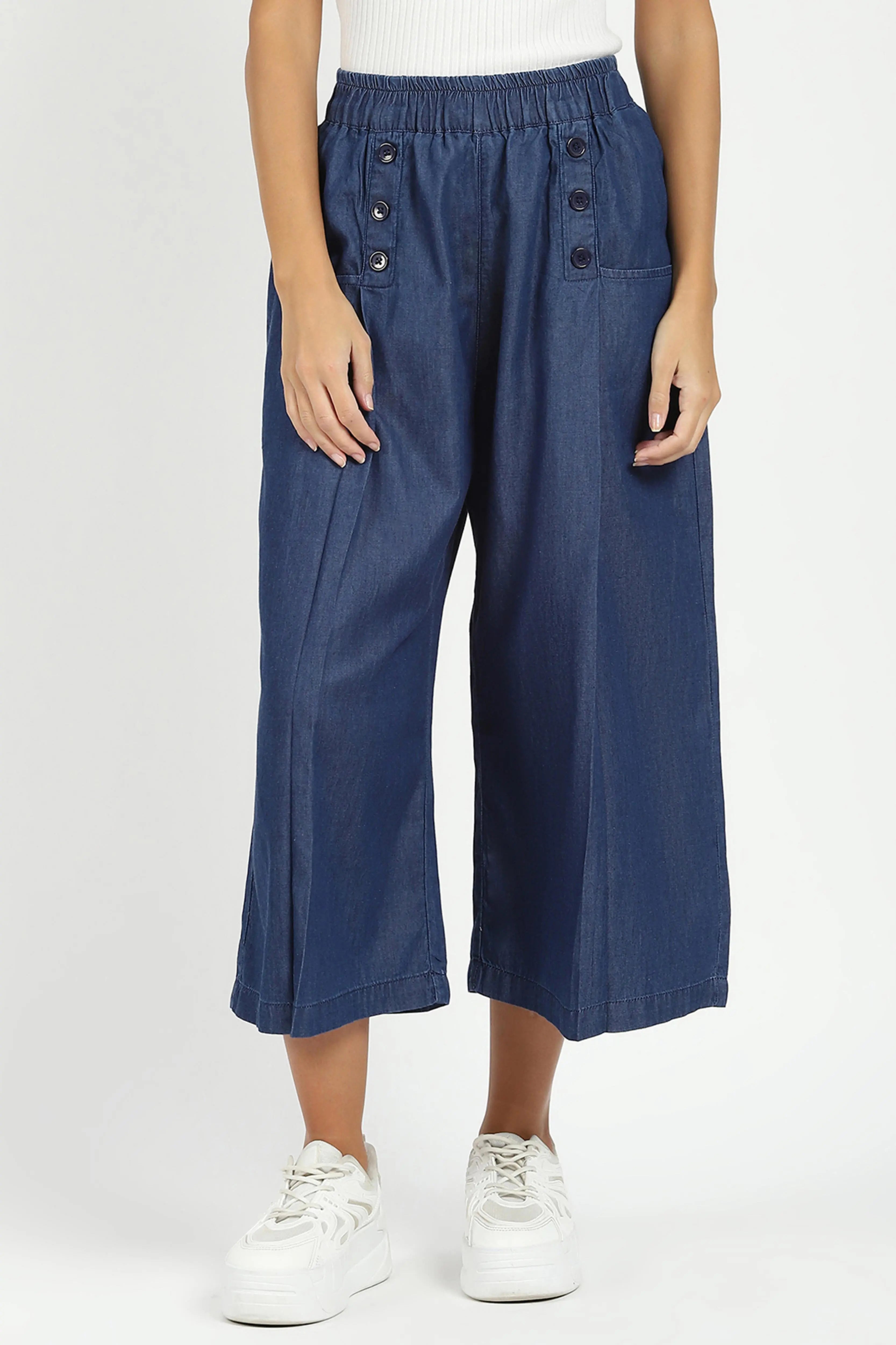 Blue Solid Cotton Blend Palazzo - Global Republic