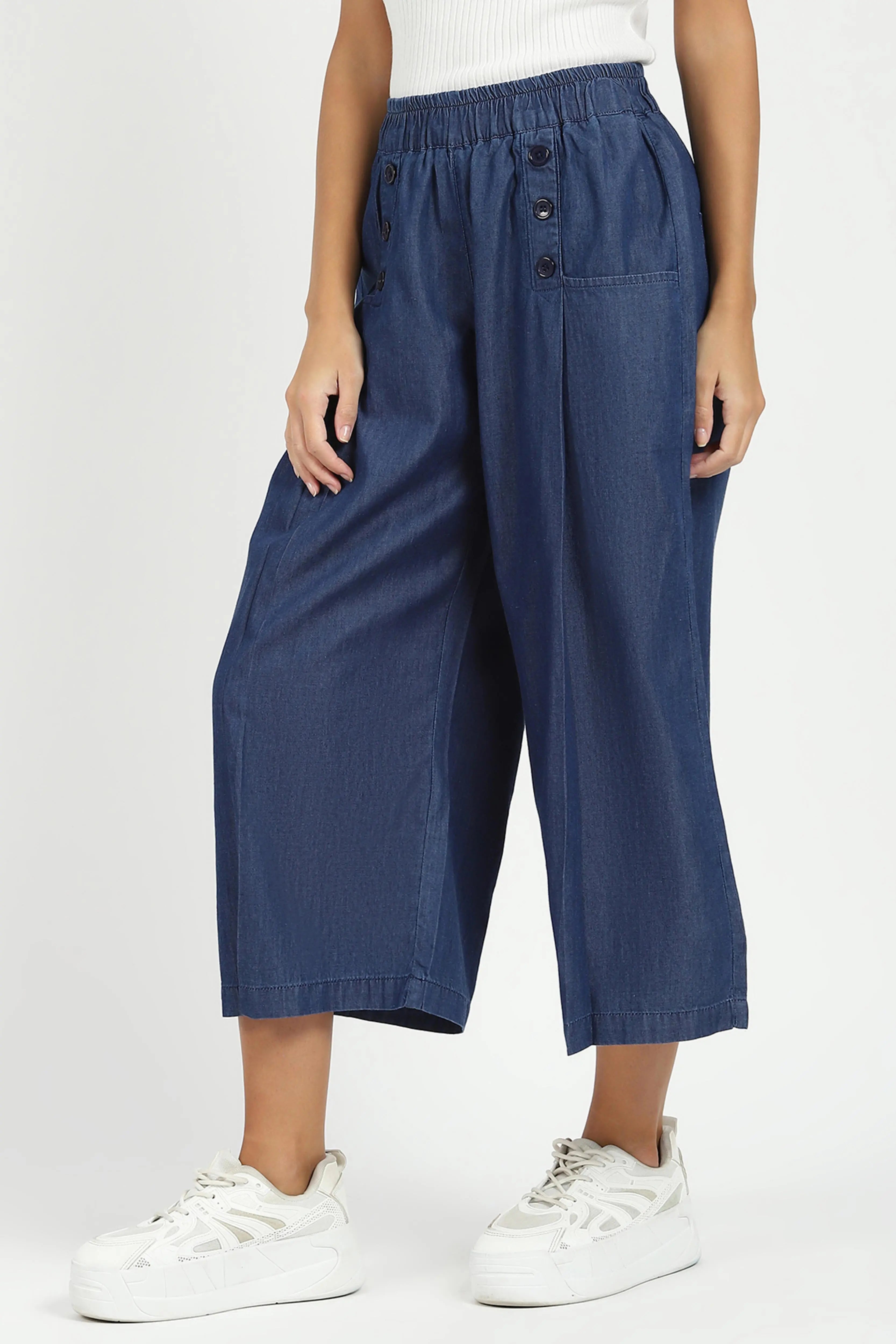 Blue Solid Cotton Blend Palazzo - Global Republic