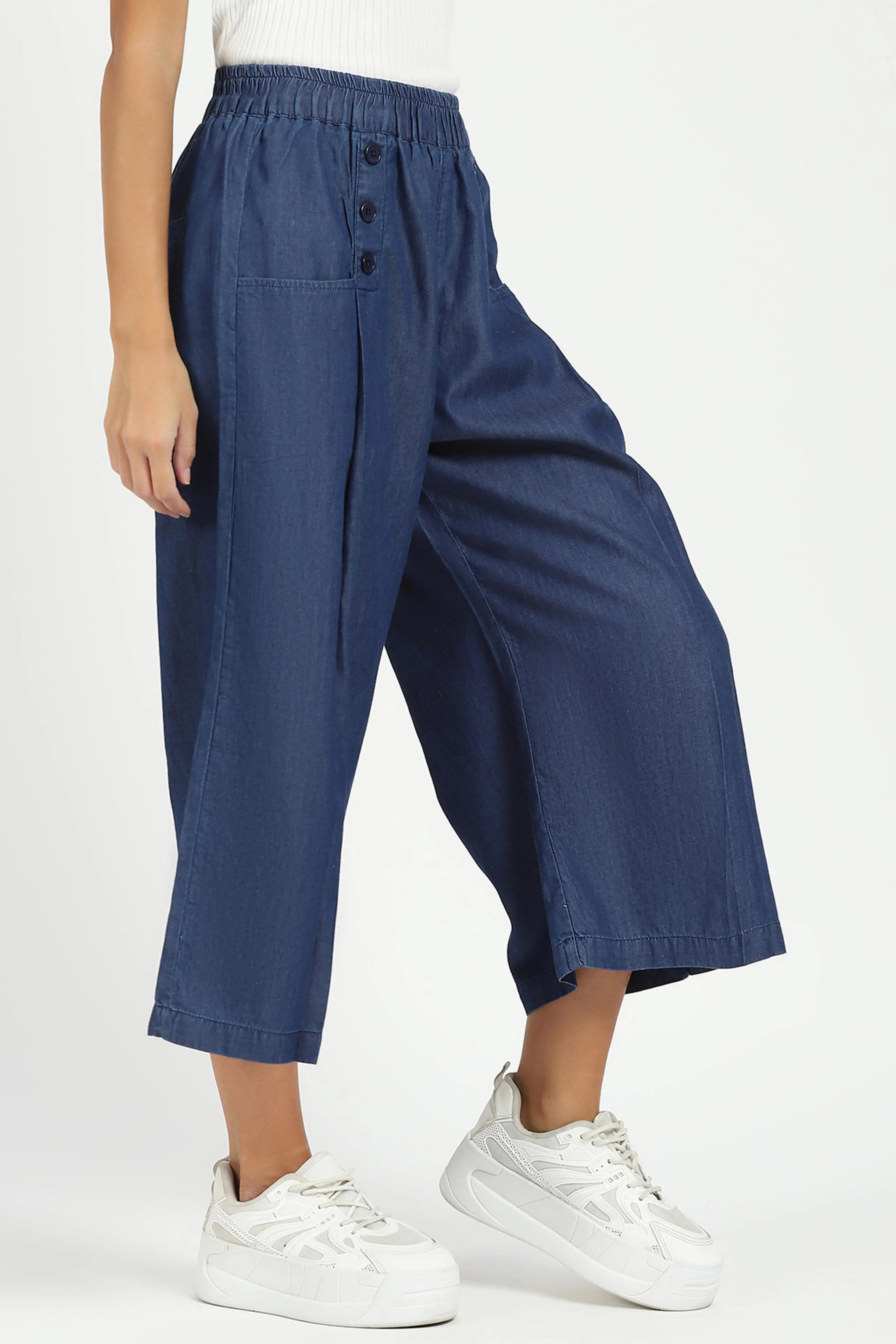 Blue Solid Cotton Blend Palazzo - Global Republic