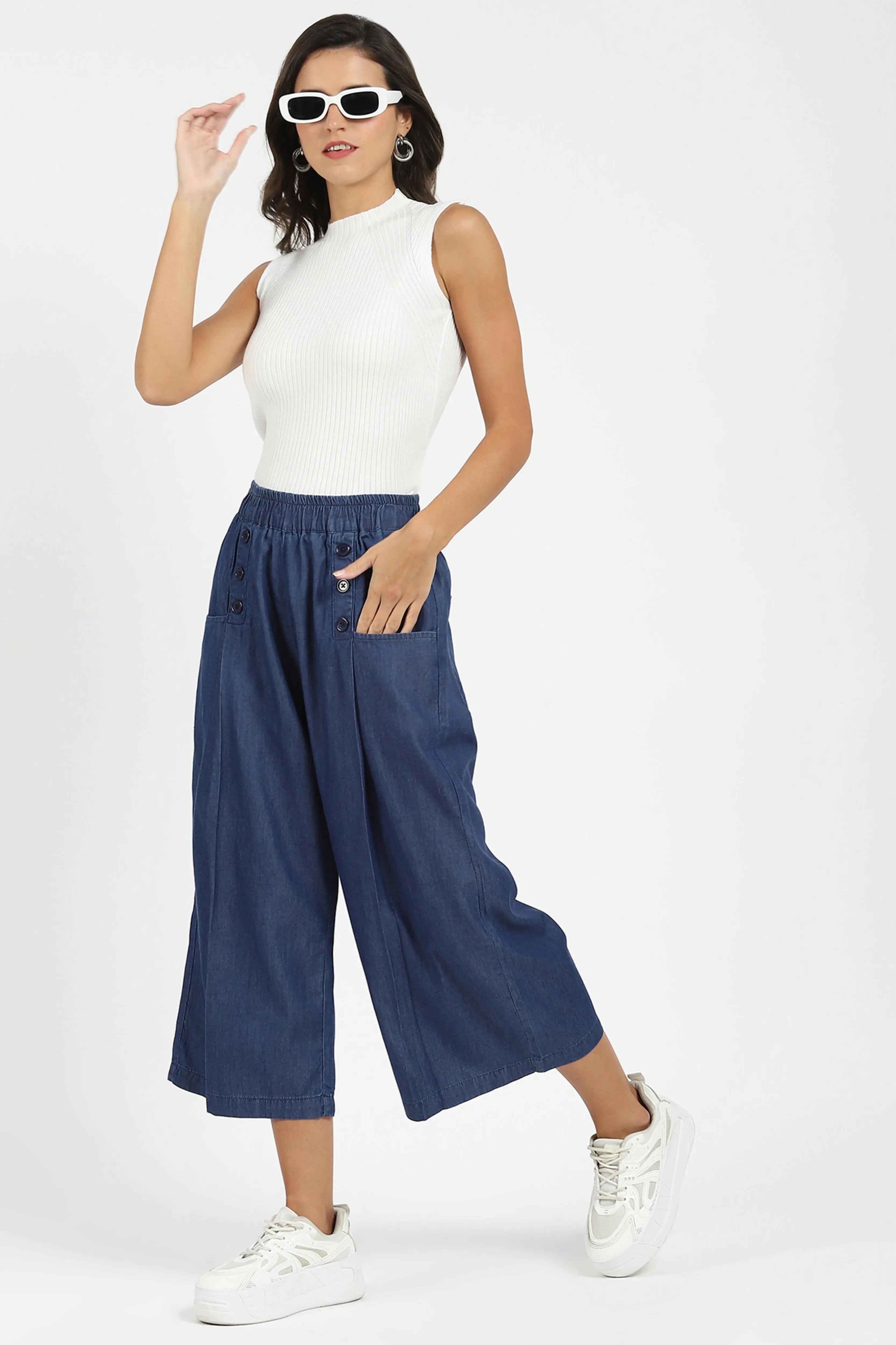 Blue Solid Cotton Blend Palazzo - Global Republic