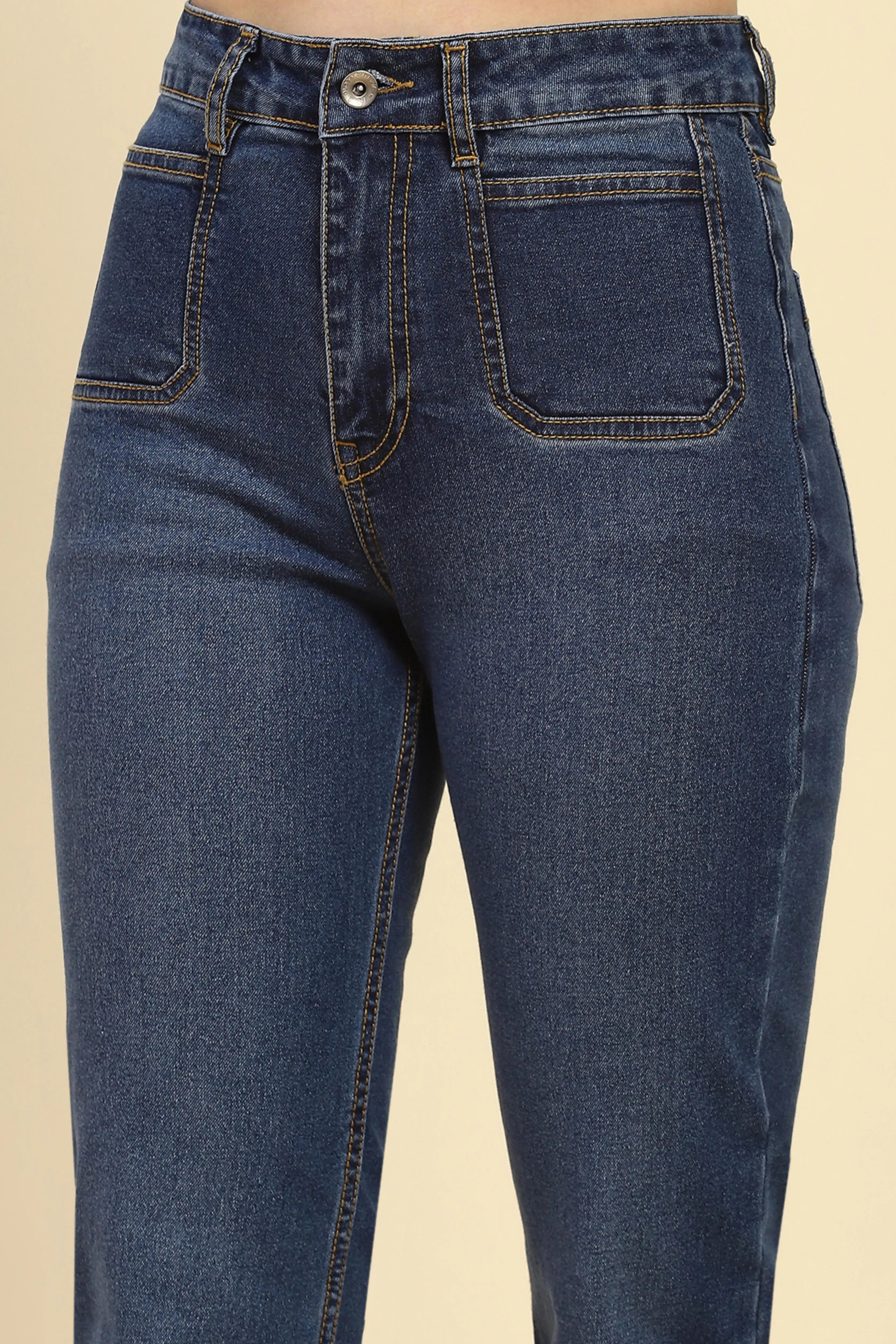 Blue Cotton Blend Straight Jeans - Global Republic