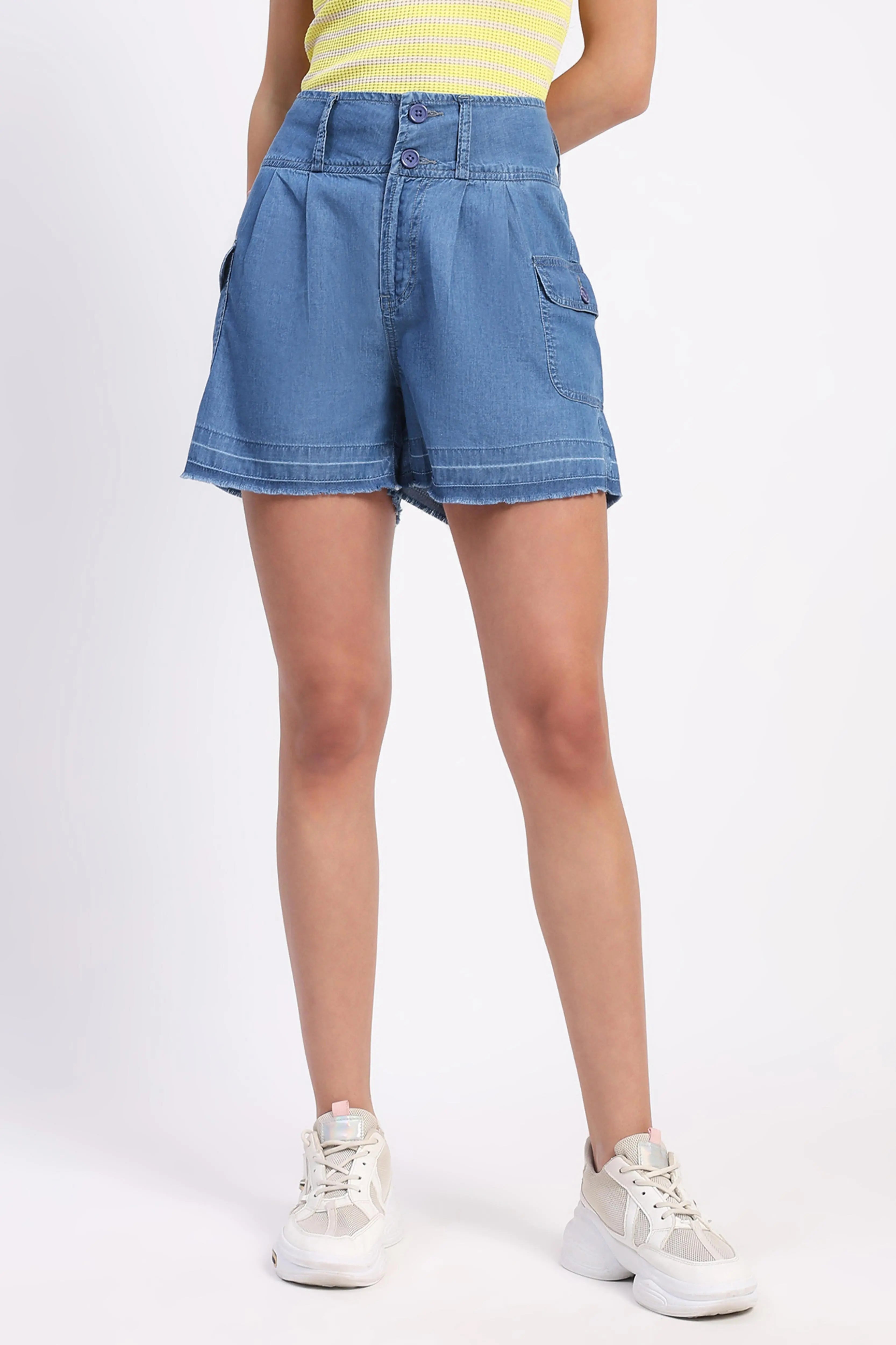 Blue Tencel Solid Shorts - Global Republic