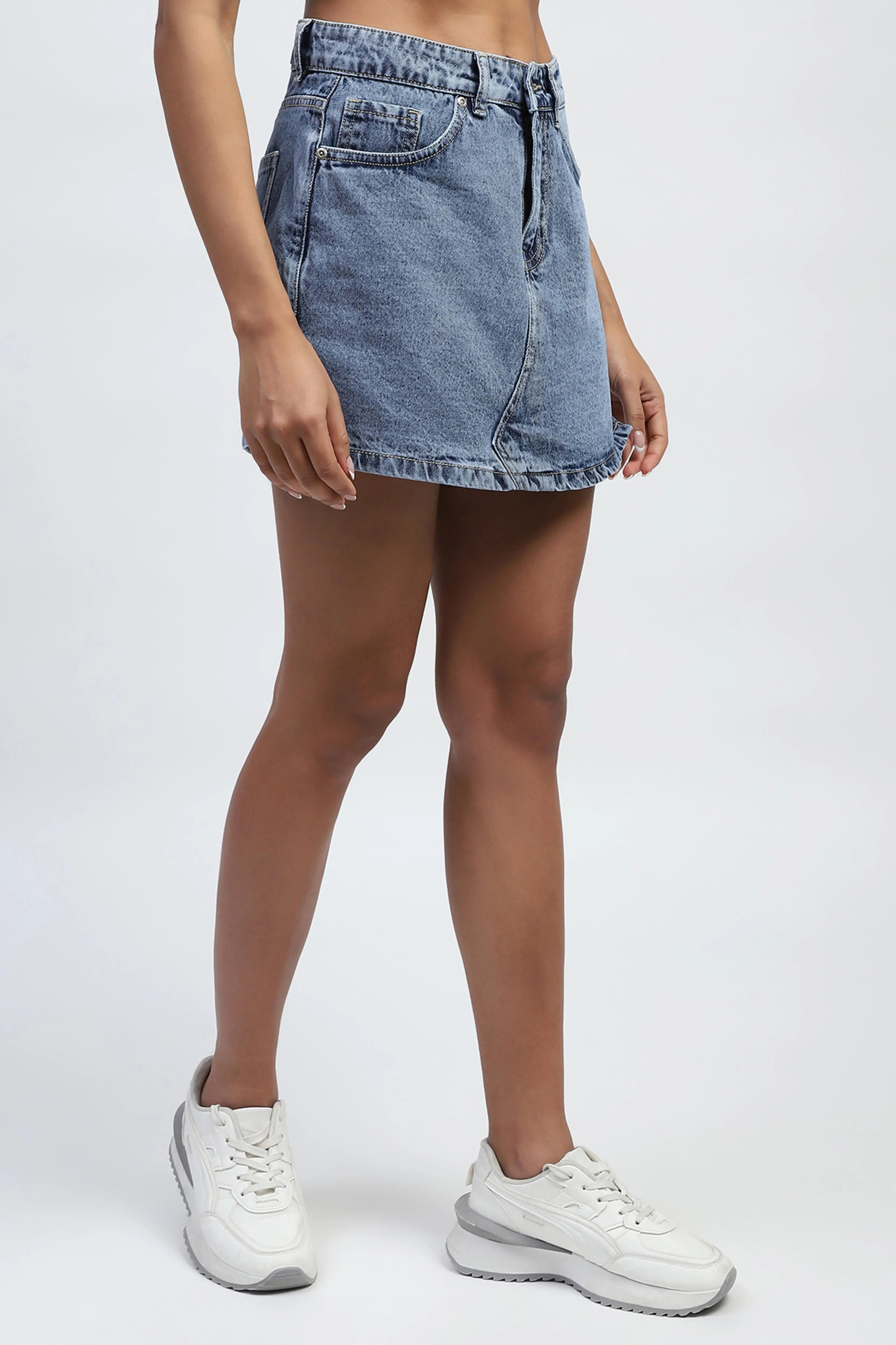 Blue Solid Cotton Blend Skorts - Global Republic