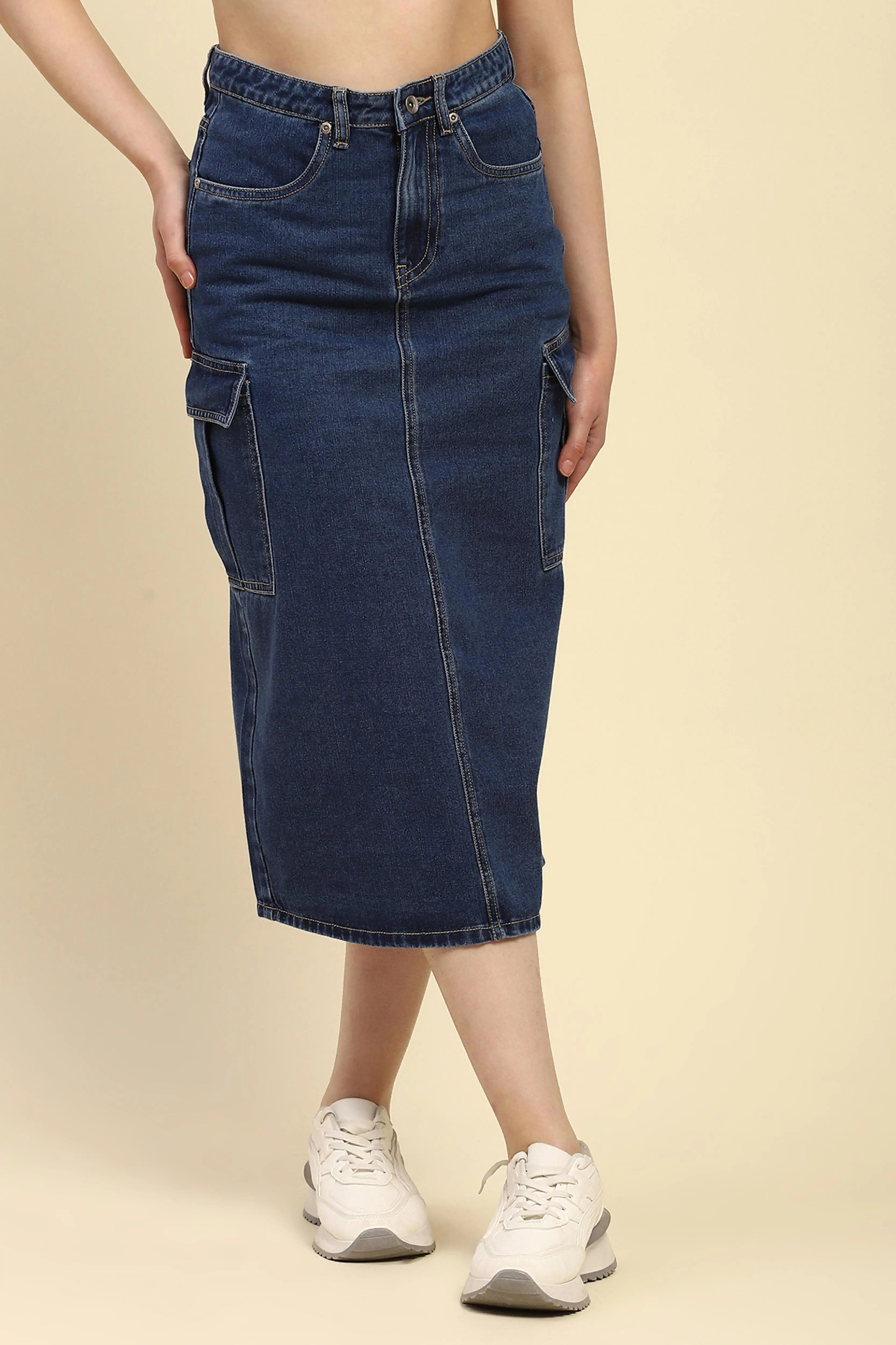 Blue Solid Cotton Blend Slim Fit Skirt - Global Republic